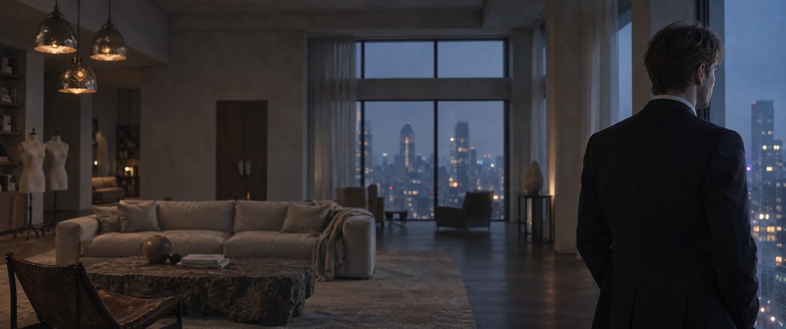 Pavlo Puzikov from behind, at the window of a penthouse at blue hour.