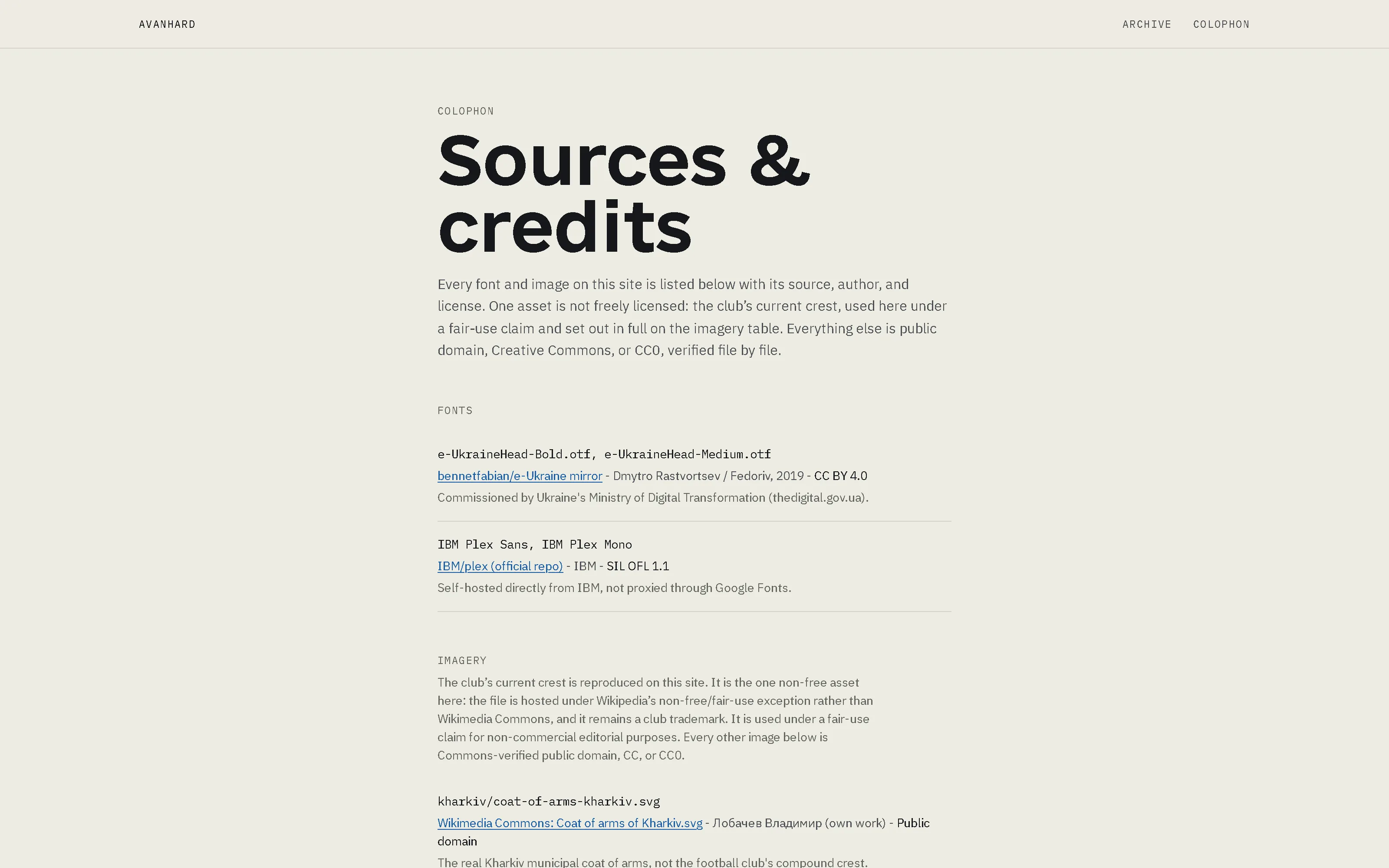 The colophon page headed Sources and credits, listing the fonts used with their designer, commissioning body and licence, followed by an imagery section that states plainly which single asset is not freely licensed and on what basis it is used.