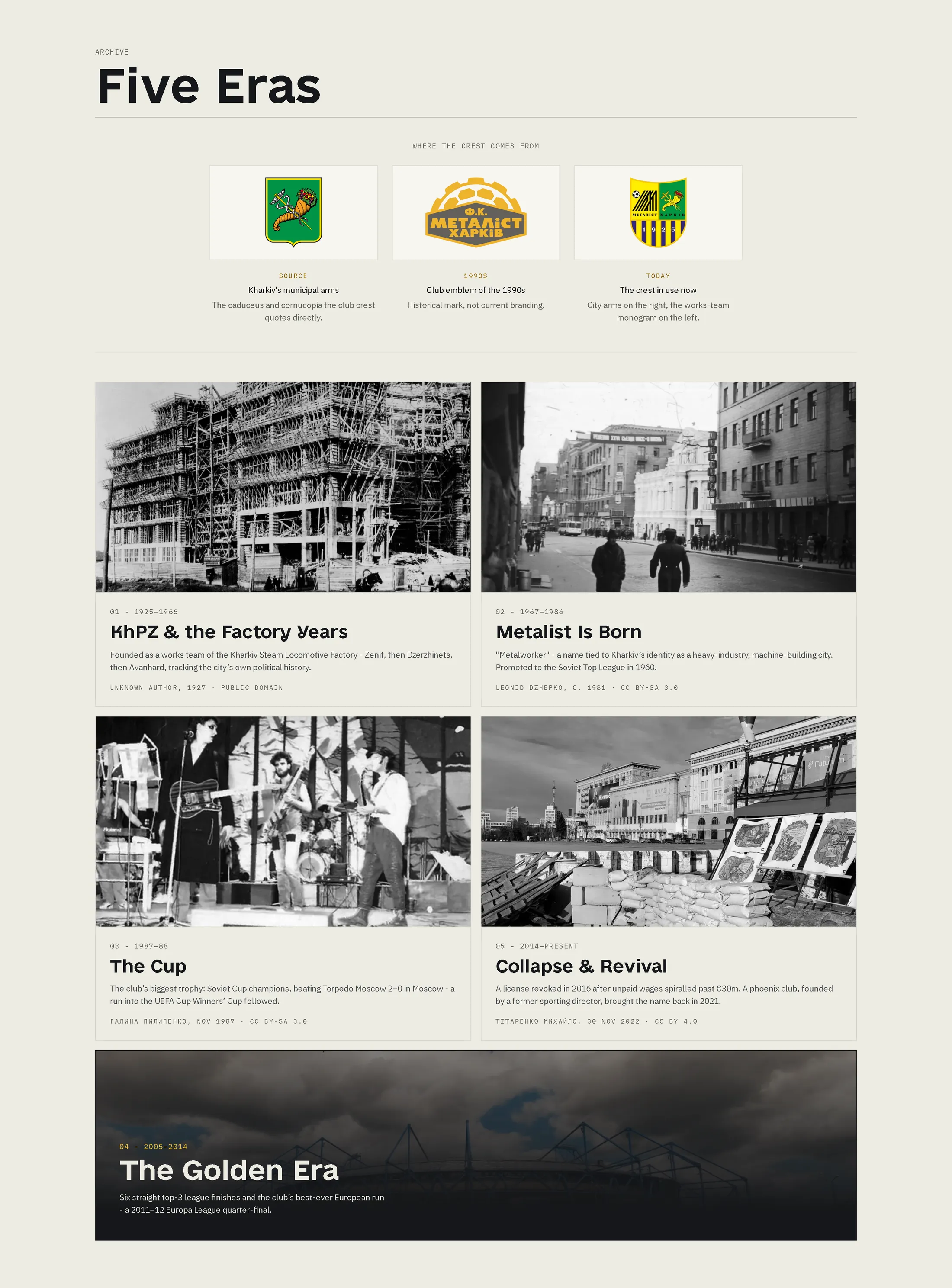 The archive section headed Five Eras. At the top, three crests side by side under the label Where the crest comes from: Kharkiv's municipal arms, the club emblem of the 1990s, and the crest in use today, each with a caption naming what it contributes. Below, five era cards, four of them black-and-white archival photographs on pale cards with numbered labels, short histories and mono credit lines, and the fifth, The Golden Era, laid full width over a dark photograph of a floodlit stadium with its label set in yellow.