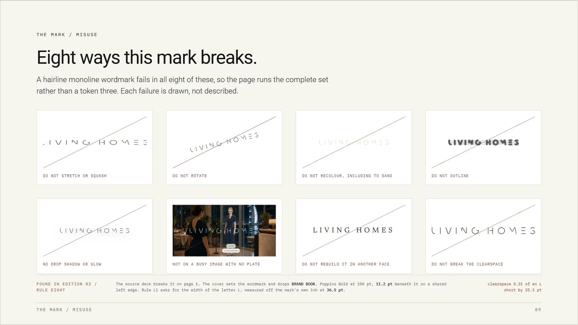 A brand book sheet headed 'Eight ways this mark breaks', showing eight struck-through tiles above a measured clearspace failure found on the book's own cover.