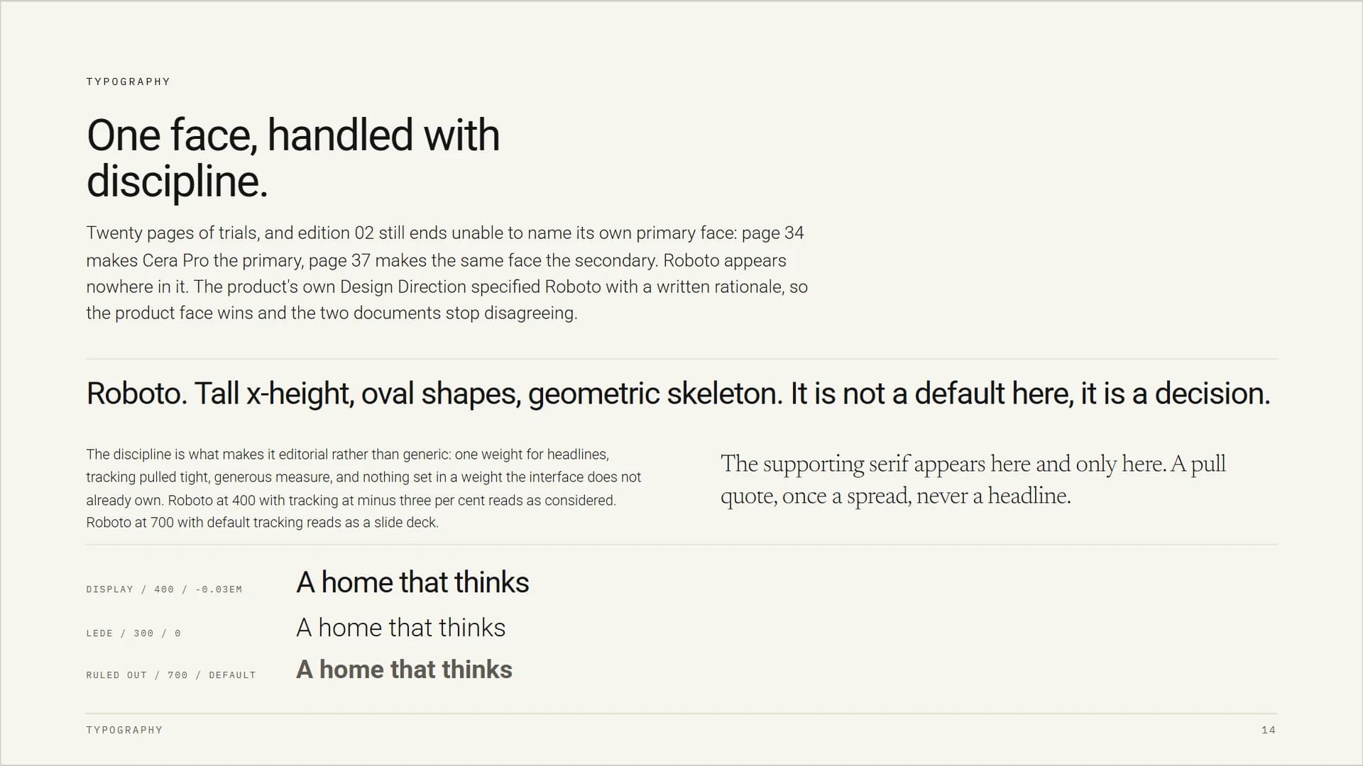 A brand book sheet headed 'One face, handled with discipline', quoting the previous edition against itself and showing three weight specimens of the line 'A home that thinks'.