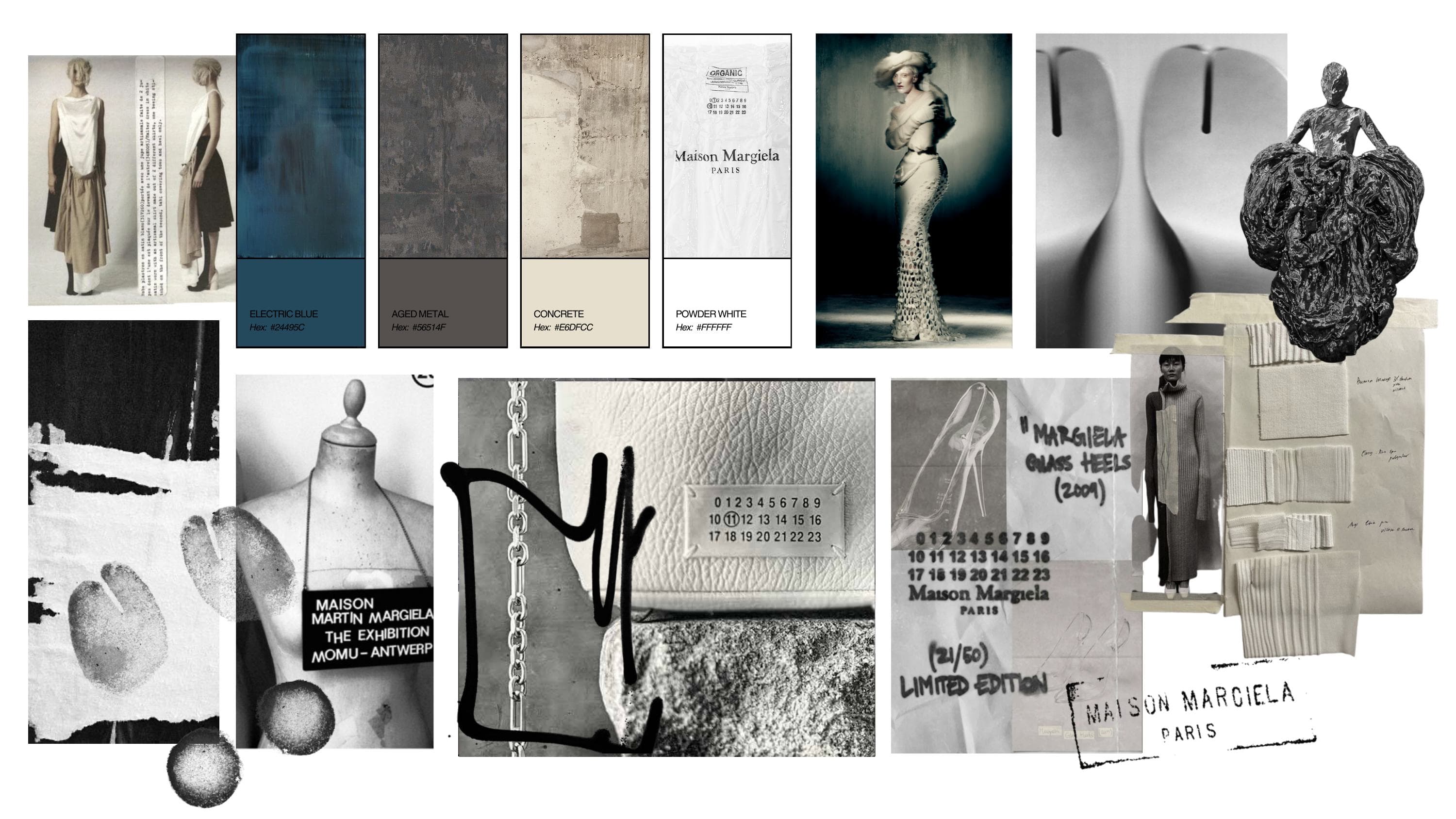 Archival Maison Margiela mood collage: black-and-white runway photography, four color swatches (Electric Blue, Aged Metal, Concrete, Powder White), a Maison Margiela Paris garment label, an exhibition catalogue tag for 'Maison Martin Margiela: The Exhibition' at MoMu Antwerp, a chain-and-leather macro shot, and a numbered garment tag reading 'Margiela Glass Heels (2009), Limited Edition 21/50'.