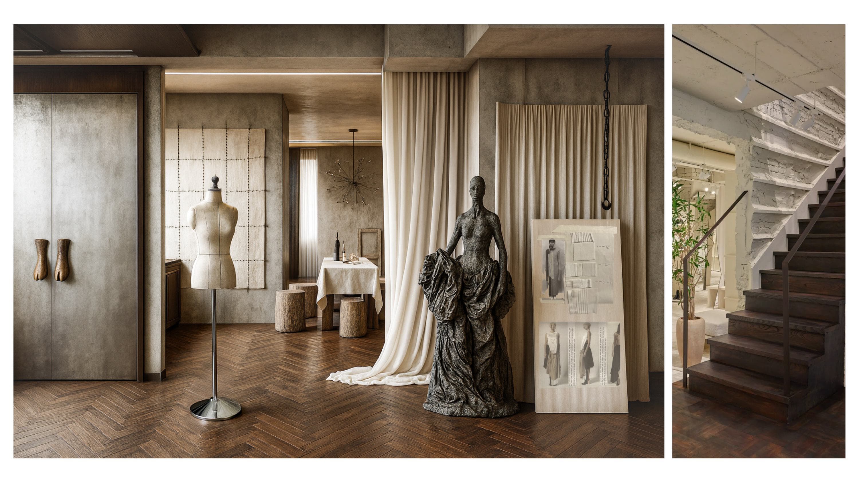 Two interior concept renders side by side: a reception area with brass hoof-shaped door handles, a fabric-pinned mannequin bust, and a curtained doorway beside a dark sculptural figure; and a poured-concrete stairwell with a wood-and-metal handrail.
