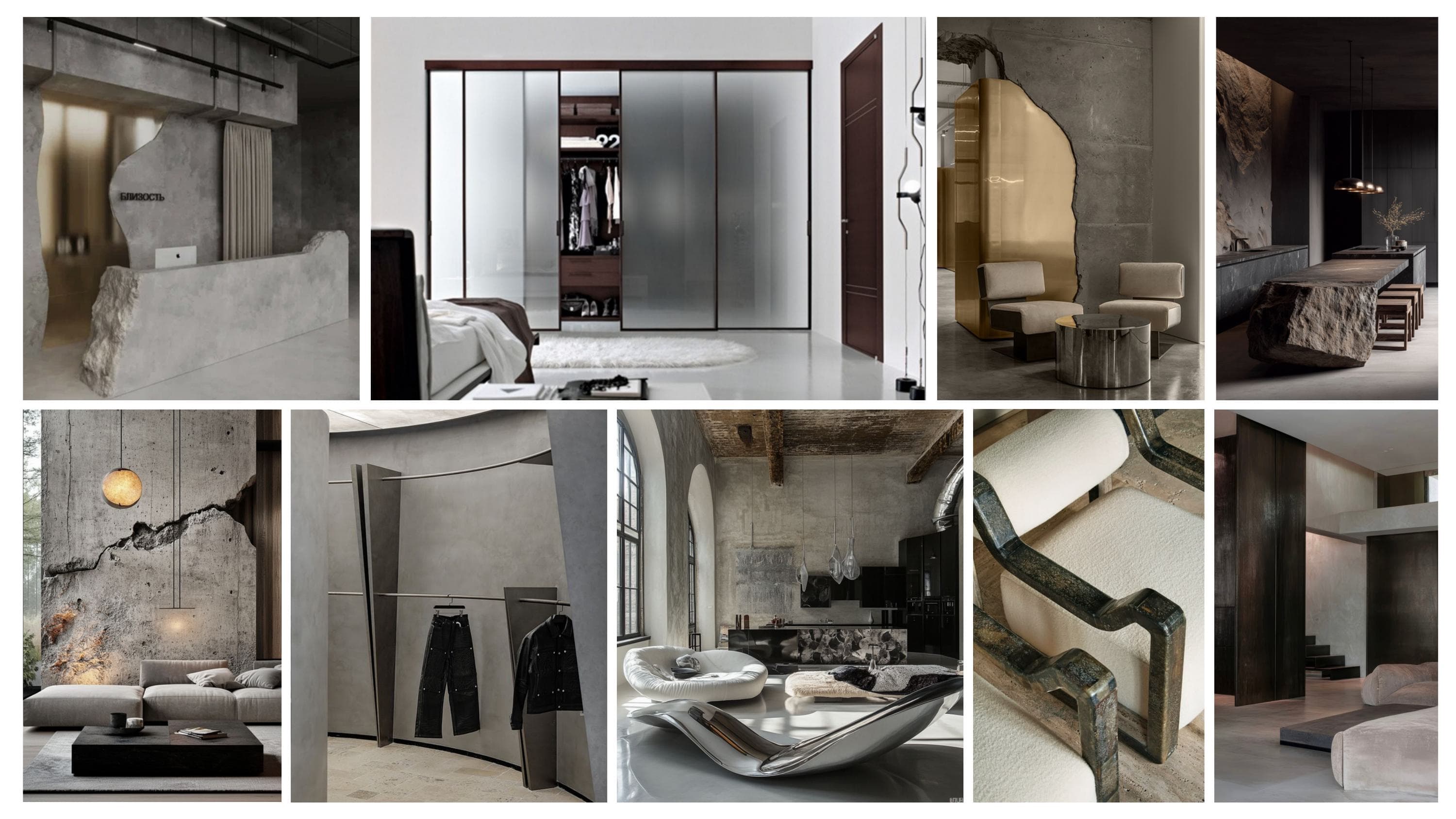 An eight-panel grid of interior concept renders: a reception desk with a fractured gold wall panel and Cyrillic signage, a glass-fronted wardrobe and bedroom, a gold organic wall form beside lounge chairs, a dark-stone kitchen island, a cracked concrete wall over a sofa, a curved garment rack in a dressing room, an arched loft living room, and a bronze stairwell.