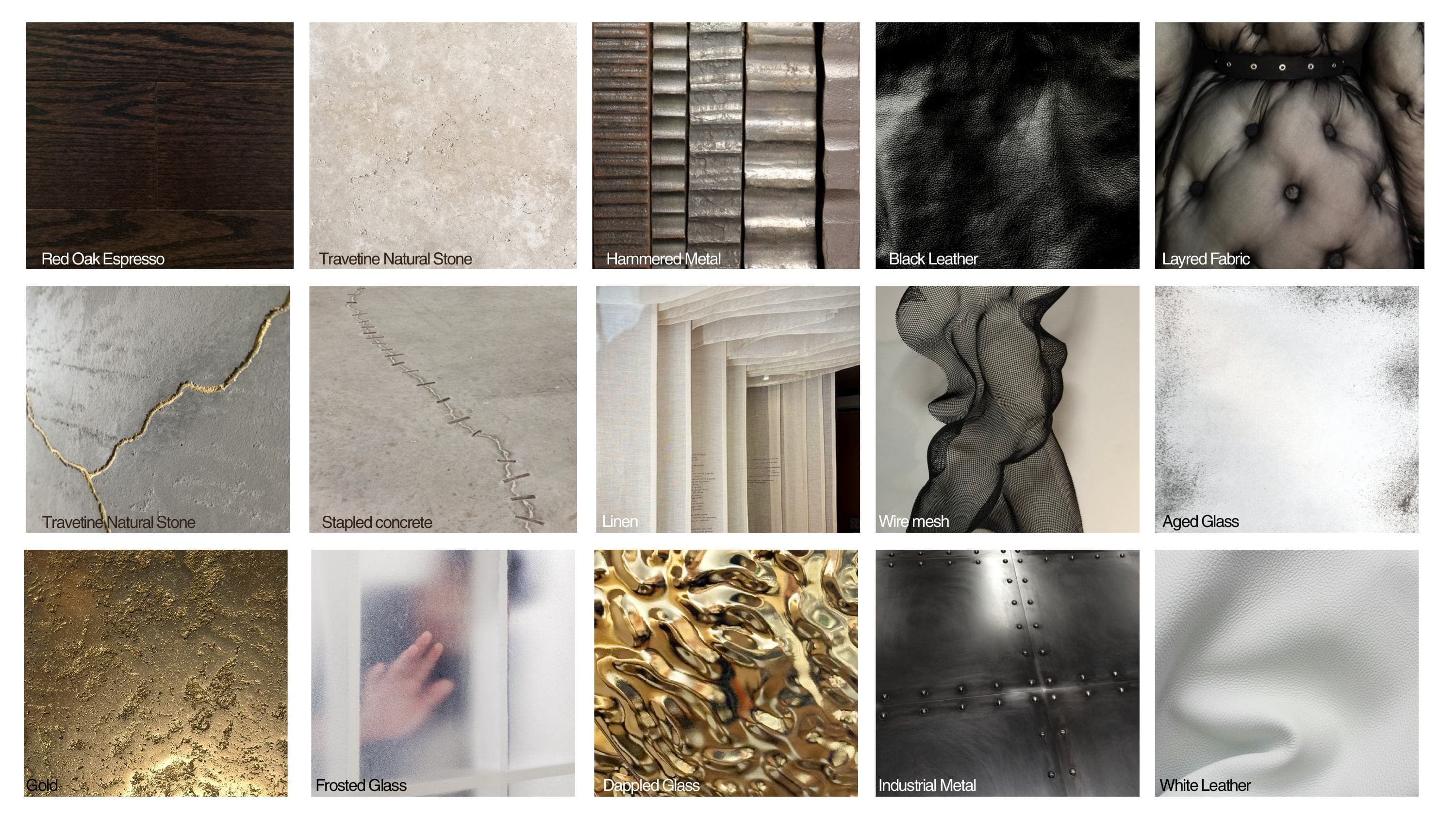 A fifteen-tile material library: red oak espresso, travertine natural stone, hammered metal, black leather, layered fabric, a second travertine sample, stapled concrete, linen, wire mesh, aged glass, gold, frosted glass, dappled glass, industrial riveted metal, and white leather.