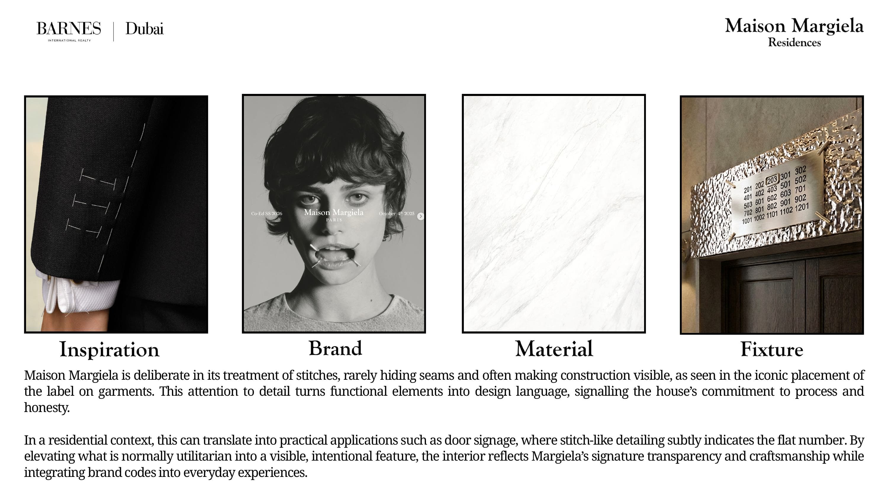 A four-panel study labelled Inspiration, Brand, Material, and Fixture: a hand-stitched suit cuff, a Maison Margiela campaign portrait, a white marble slab, and an engraved brass unit-number plate on a dark wood door, with a note on translating visible stitching into residential door signage.