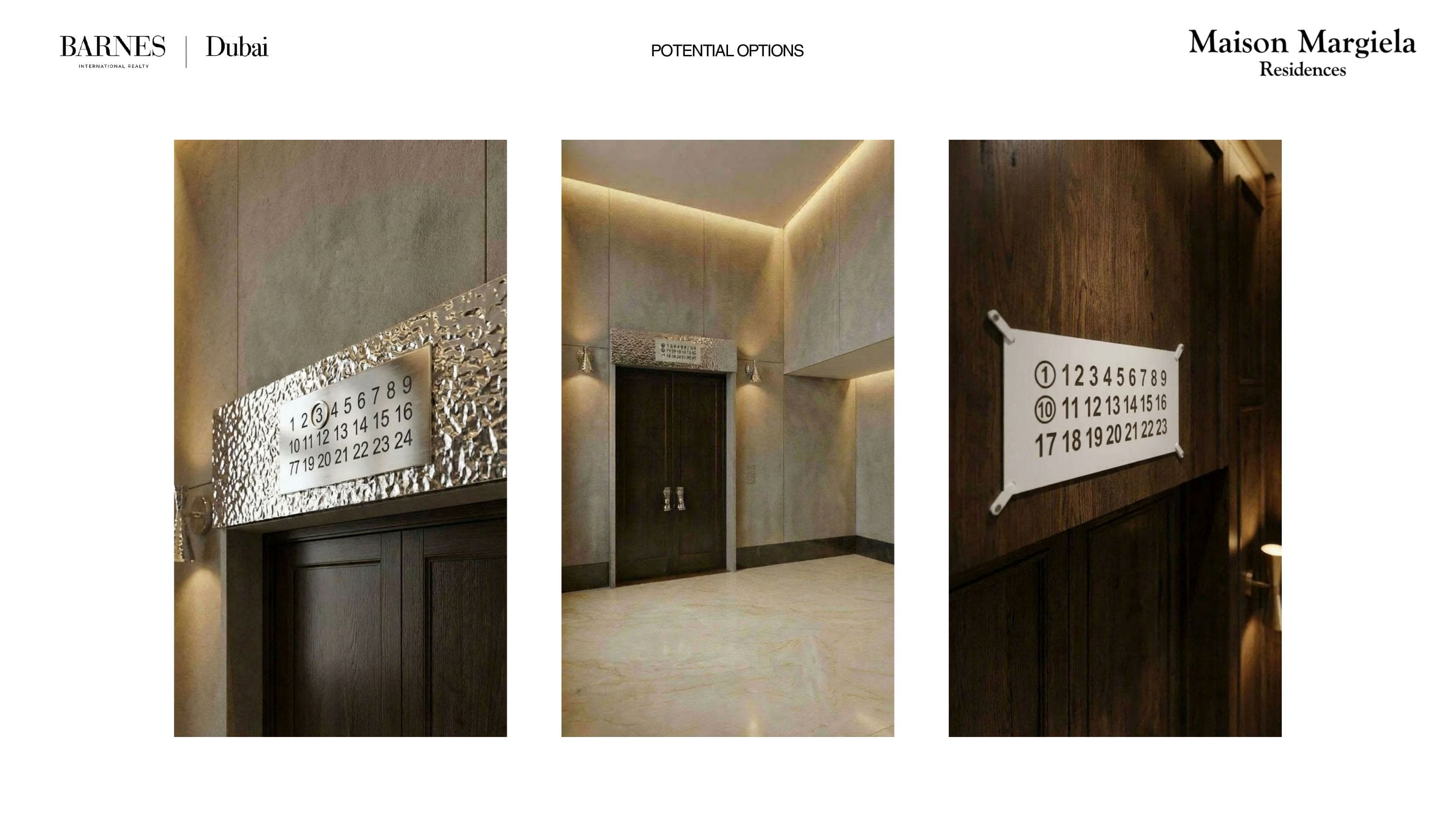 Three 'potential options' concept renders for elevator and corridor signage: a hammered-brass numbered directory plate above dark wood doors, an elevator lobby in warm concrete and stone, and a wall-mounted numbered brass placard on dark wood paneling.