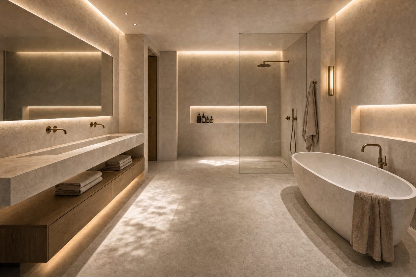 A stone bathroom with a freestanding tub, the wall niche beside it left empty and no planting anywhere in the room.