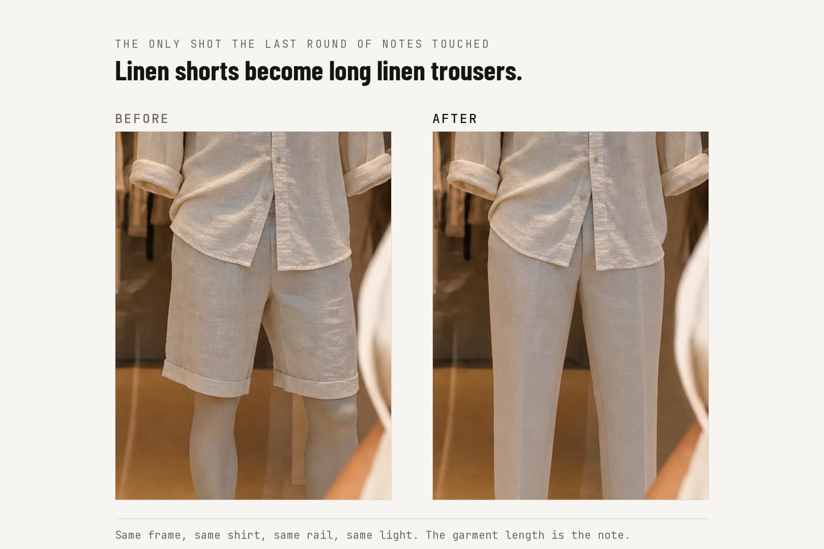 A two-panel comparison on a paper ground, labelled BEFORE and AFTER, showing the same shop-window mannequin from the waist down: rolled linen shirt over knee-length linen shorts on the left, the same shirt over full-length linen trousers on the right.