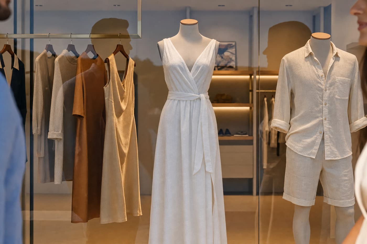 A boutique window seen through glass: a rail of linen and suede dresses on the left, a mannequin in a long white linen wrap dress in the centre, and on the right a mannequin in an open linen shirt and linen shorts, with lit shelving and a display of shoes behind.