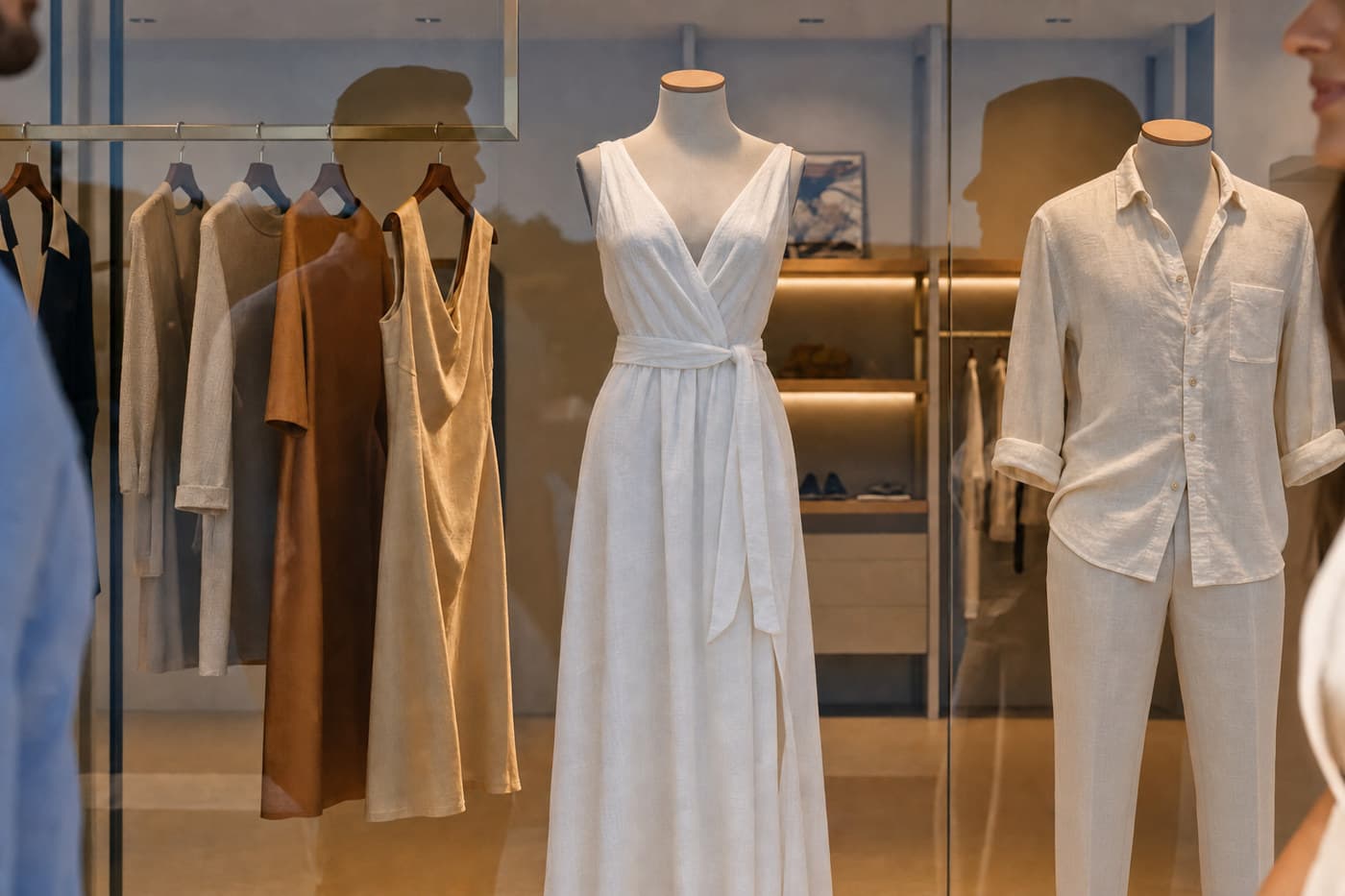 The same boutique window and the same two mannequins, the right-hand one now wearing the same open linen shirt over full-length linen trousers instead of shorts.