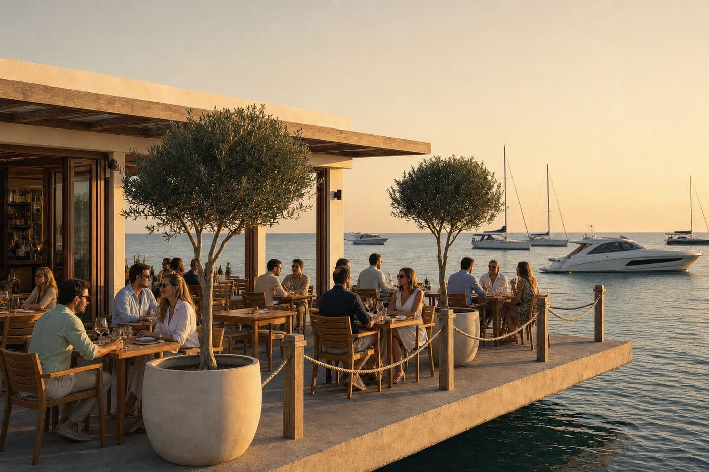 A restaurant terrace under olive trees in stone planters, the camera facing open sea and moored motor yachts rather than the development behind it.