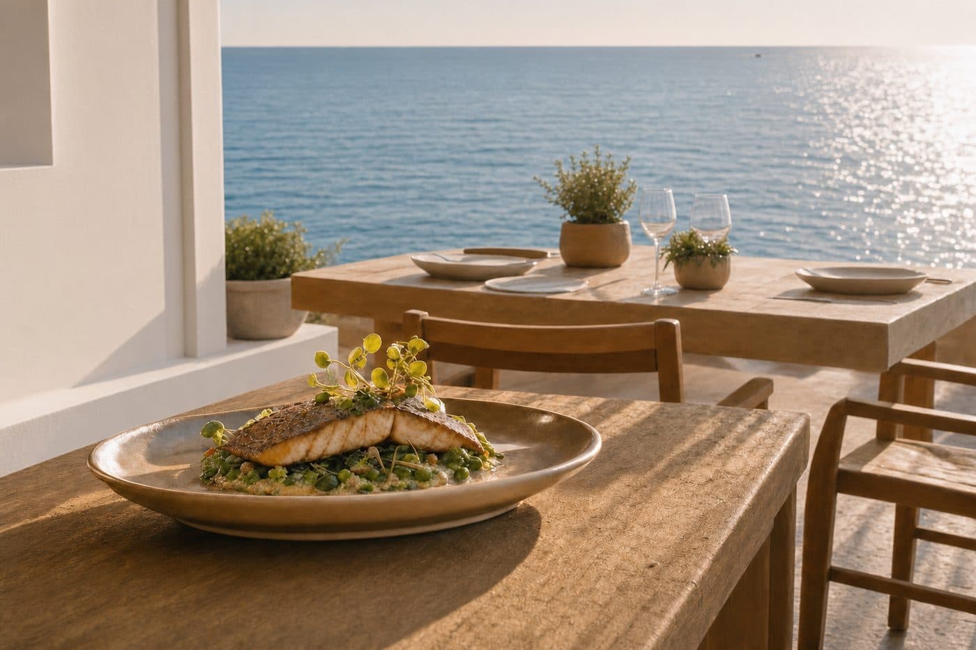 A close plate of cured salmon on a restaurant table, the table edge clear, open water behind with no railing and no small craft in the bay.