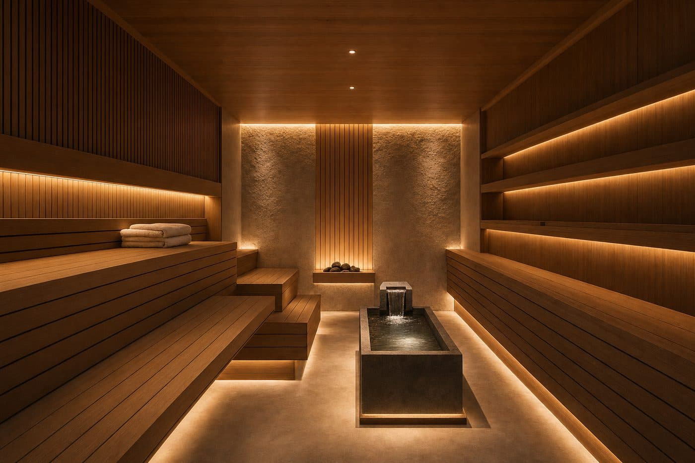 A timber sauna sized for a few people, benches on two levels, no planting inside, lit low along the seat line.