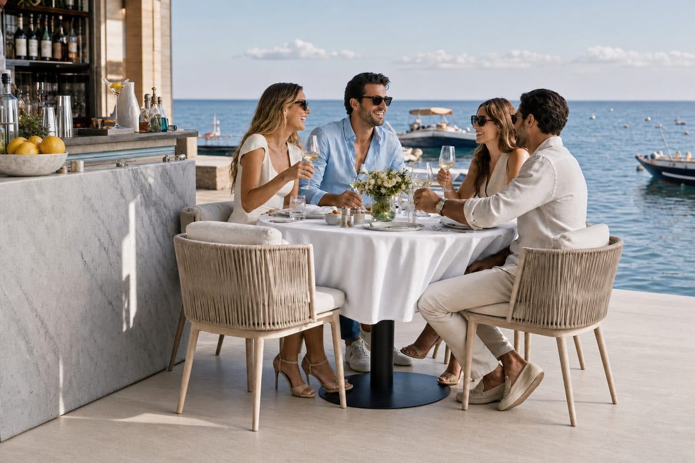 A long social table set for drinks on a marina pontoon at the same level as the water, with no railing between the table and the sea.