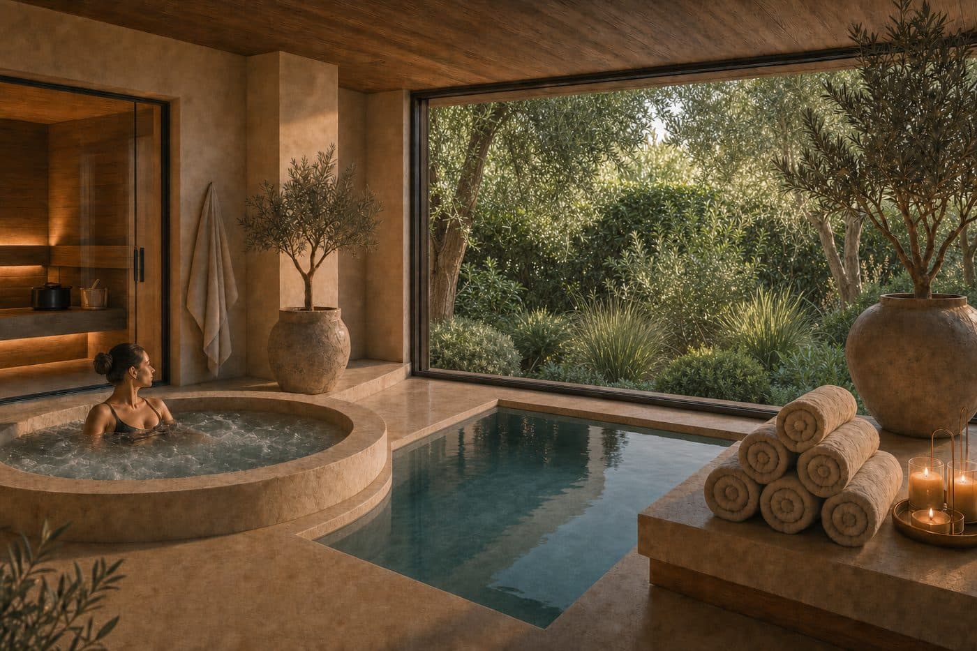 The same spa treatment room with its window looking onto dense green planting close to the glass, the sea no longer visible.