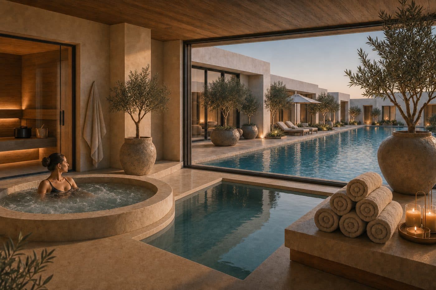 A spa treatment room in pale stone and wood, its full-height window looking onto a still indoor pool lit from below rather than onto open sea.