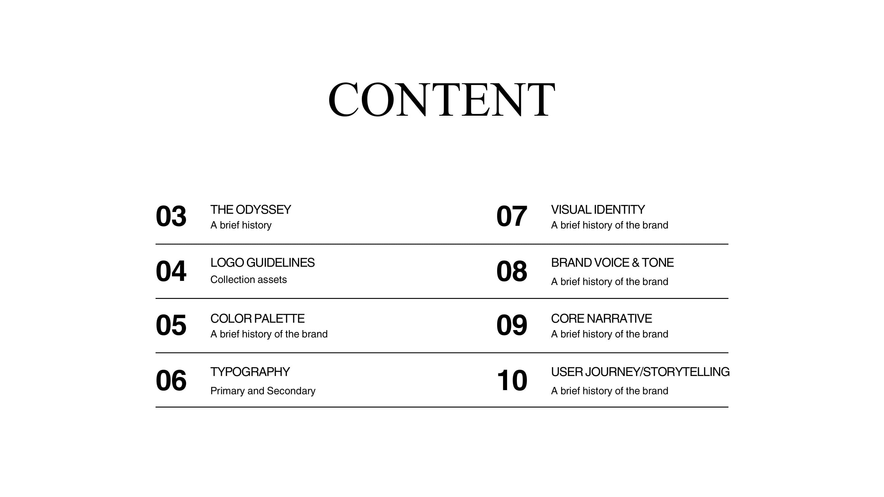 A table of contents listing eight sections: The Odyssey, Logo Guidelines, Color Palette, Typography, Visual Identity, Brand Voice and Tone, Core Narrative, and User Journey/Storytelling.