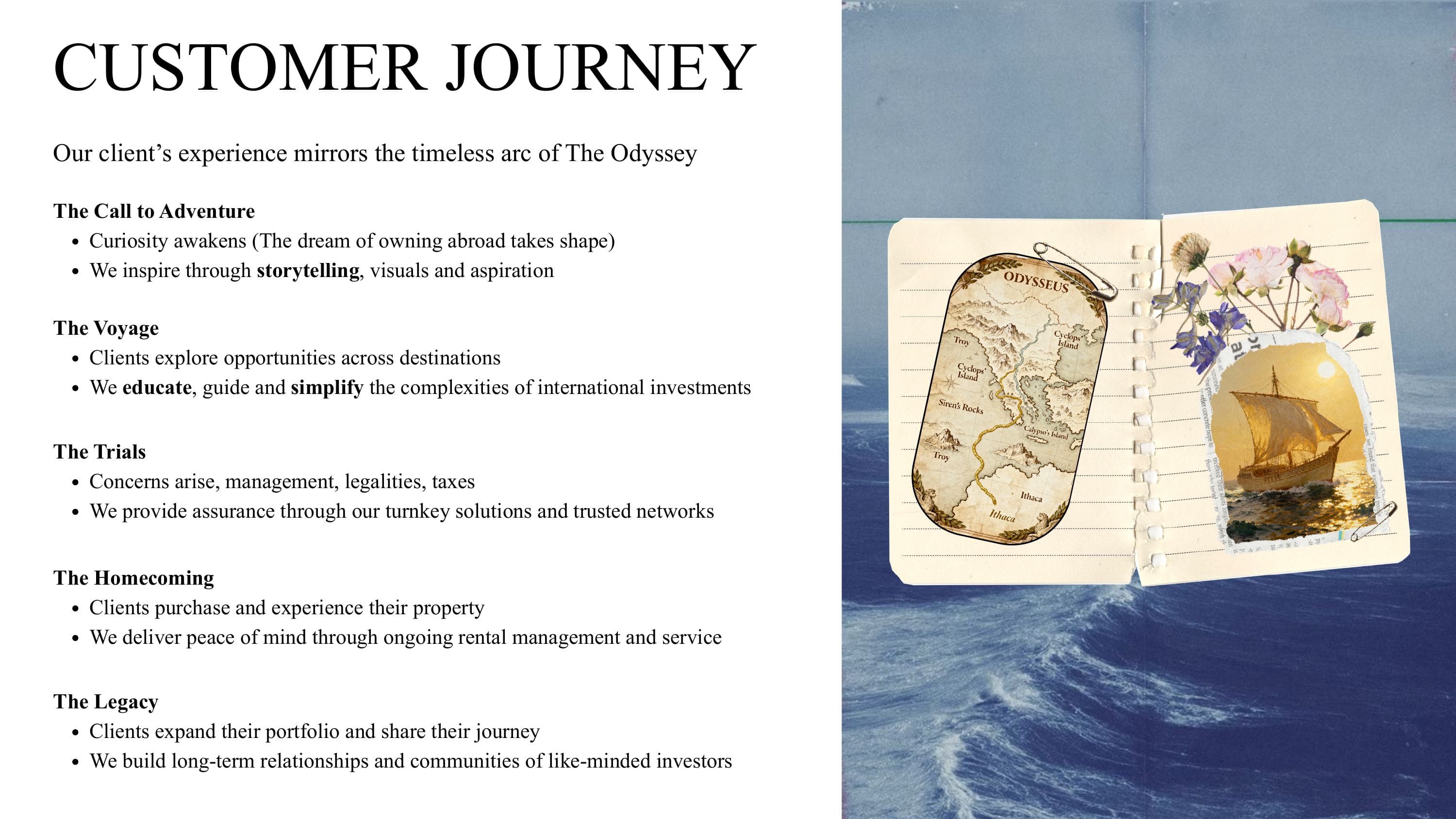 The customer journey framework mapped to five stages of The Odyssey, Call to Adventure, Voyage, Trials, Homecoming, and Legacy, each paired with a client action and a BARNES response, beside a collaged open notebook with a map labelled 'Odysseus' and a small sailing-ship photograph.