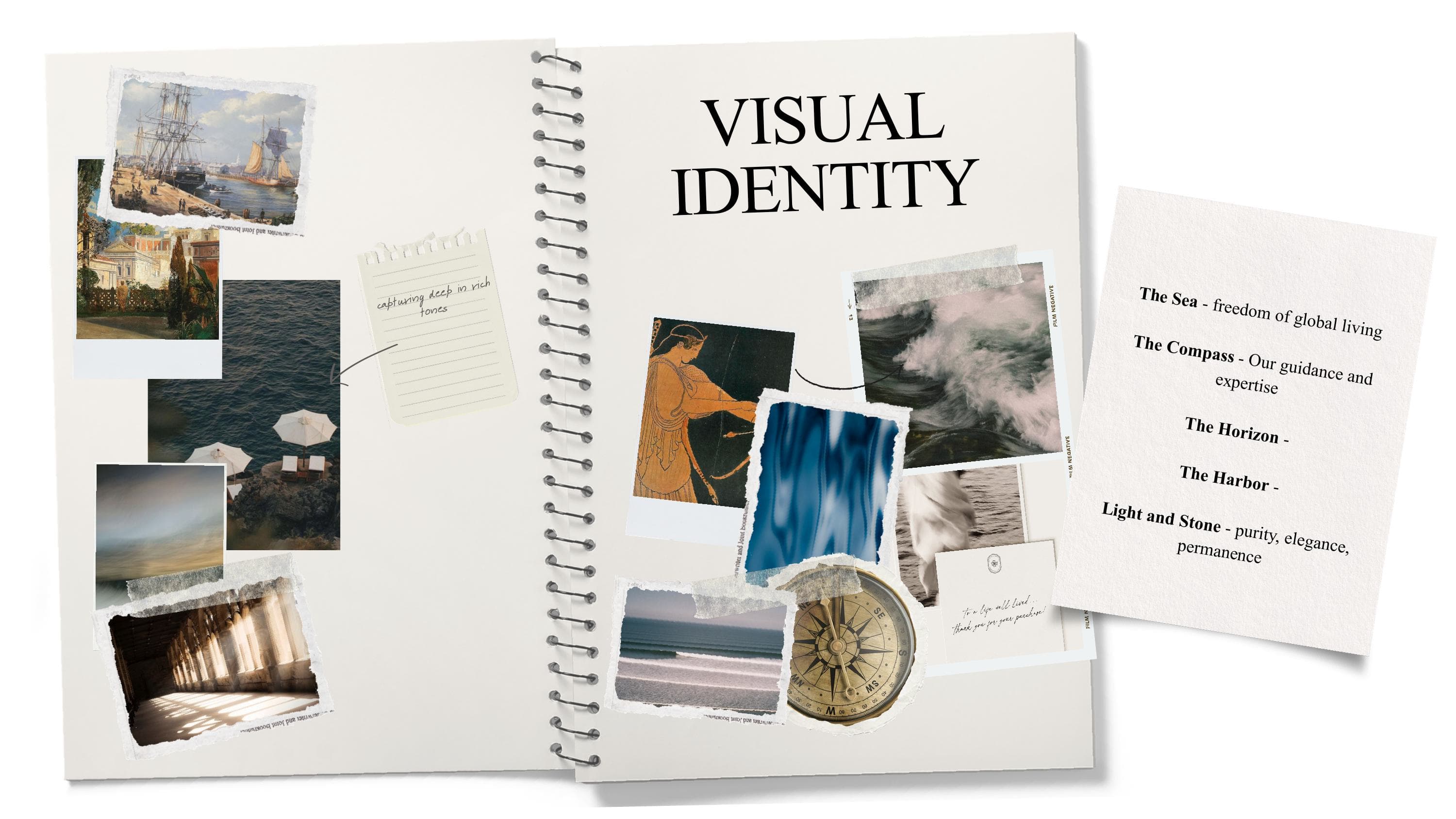 A visual-identity moodboard: sailing-ship and Mediterranean harbor paintings, ocean and umbrella lifestyle photography, a classical Greek pottery figure, film-negative wave textures, a blue silk swatch, a brass compass, and a beach photograph, beside a motif list: The Sea (freedom of global living), The Compass (guidance and expertise), The Horizon, The Harbor, and Light and Stone (purity, elegance, permanence).