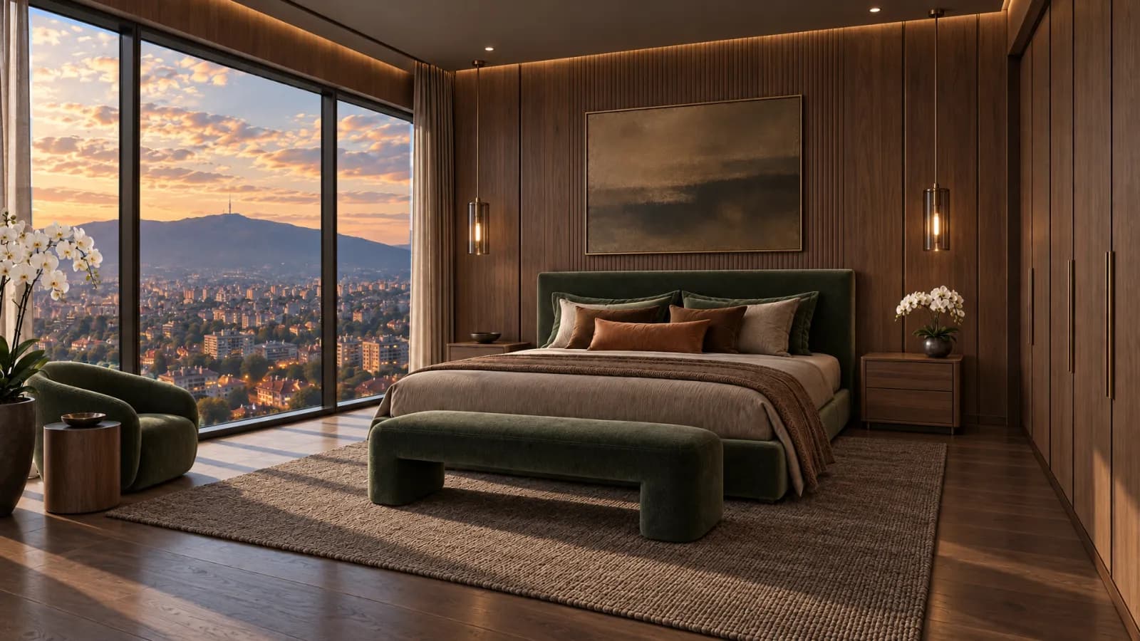A wood-panelled bedroom at dusk with a green upholstered bench at the foot of the bed and a wide window onto the city.