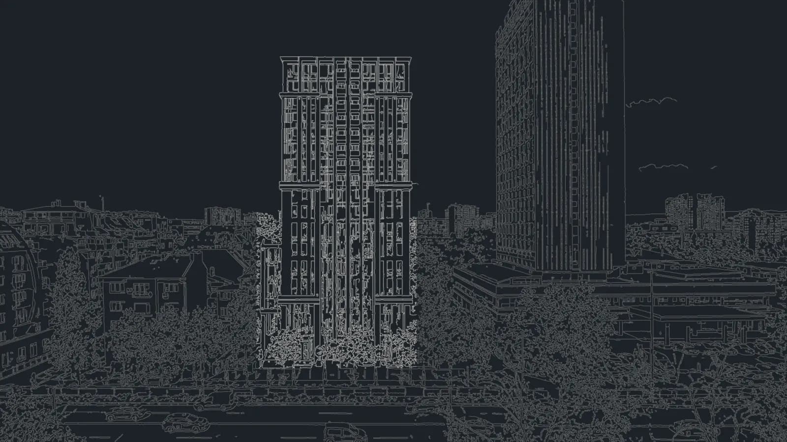 The tower as fine white linework on a dark ground, the neighbouring buildings traced in the same thin lines.