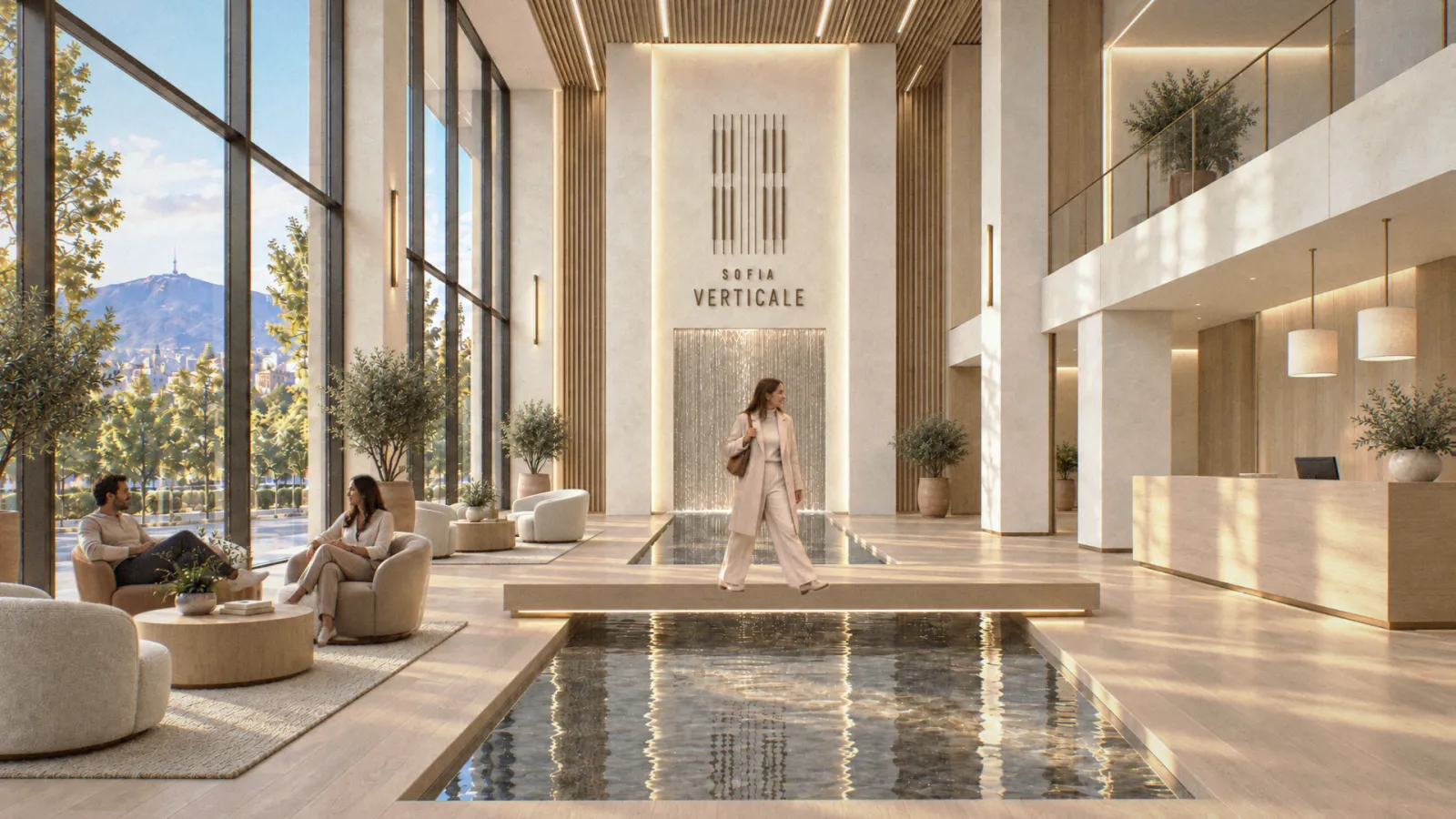 A double-height lobby in pale oak and limewash with a long shallow reflecting pool down the middle, a woman walking past it and tall windows onto trees.