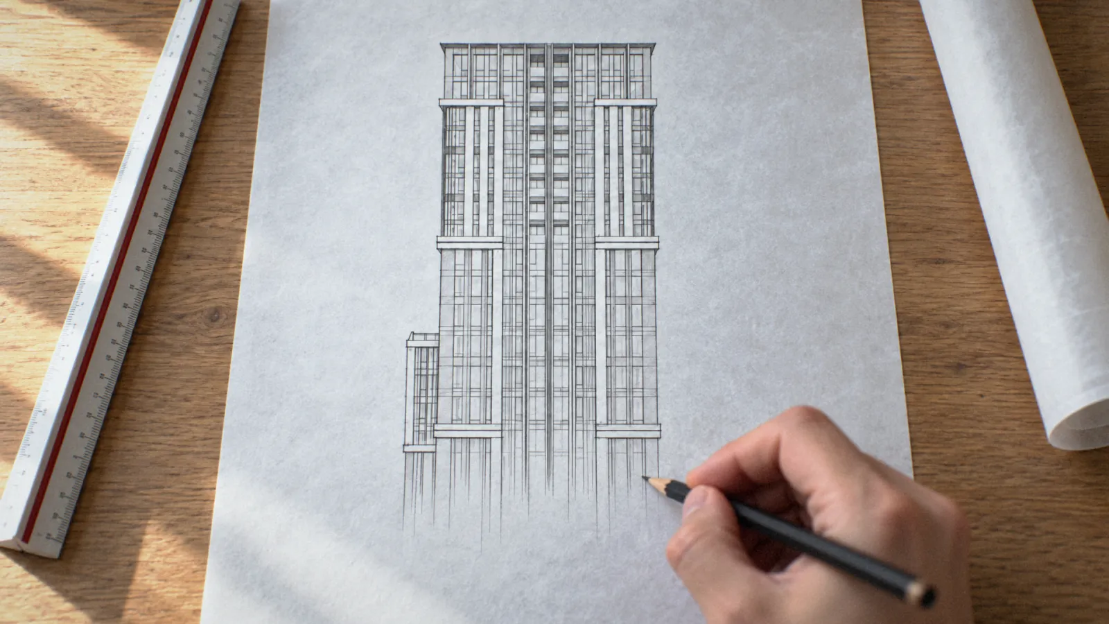 A hand drawing the tower in pencil on a sheet of paper, rolled drawings and a ruler beside it on a wooden desk.