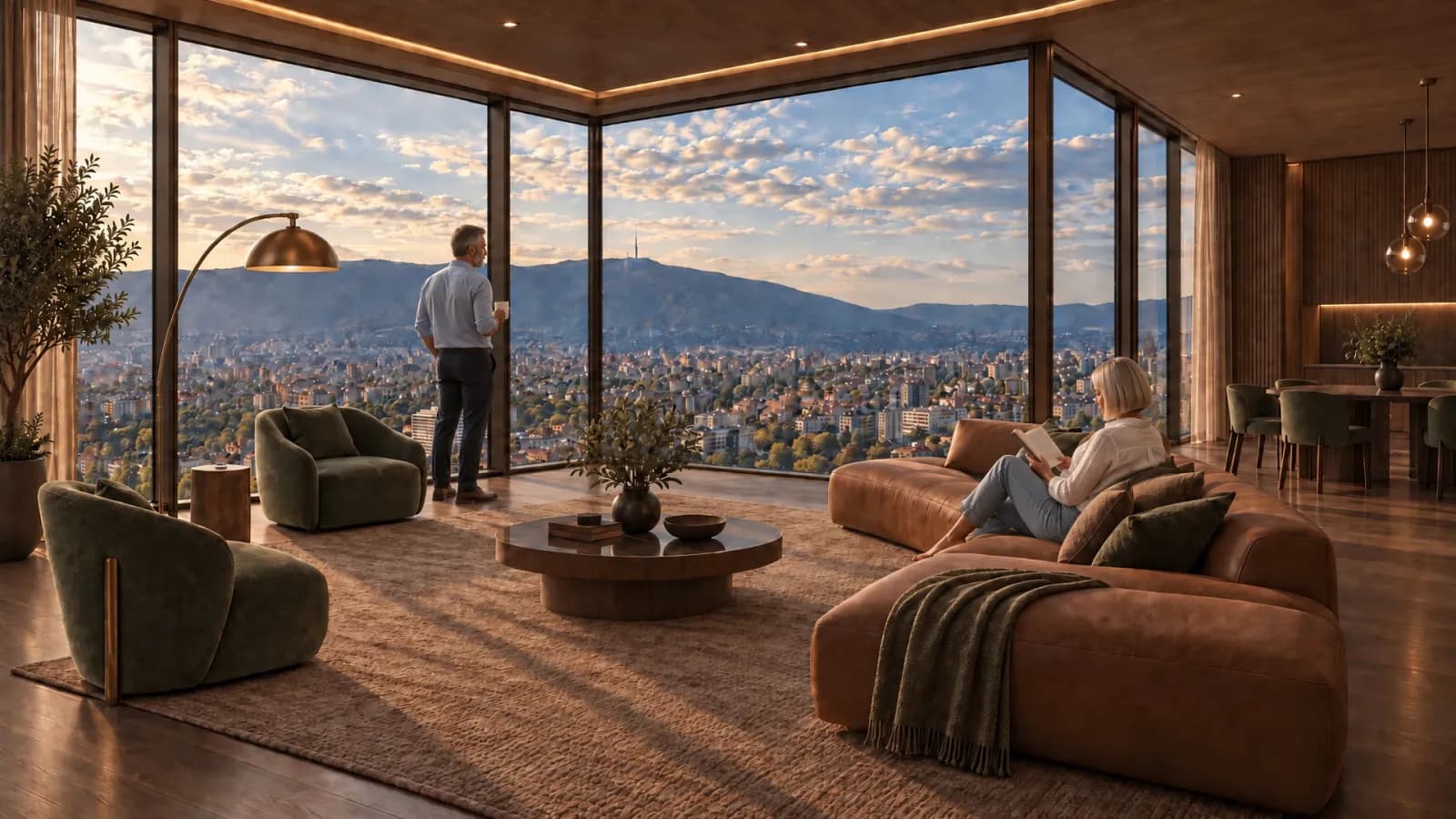A walnut-panelled living room with floor-to-ceiling windows over the city and mountains, two people at the sofas and a dining table behind.