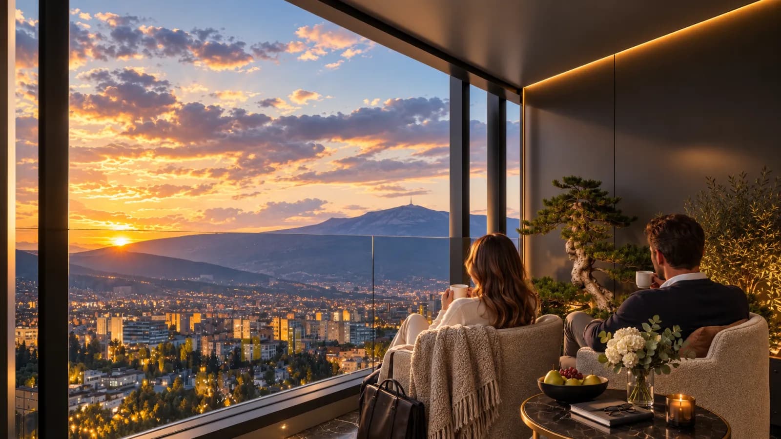 A couple seated on a glazed terrace high above the city at sunset, the sky orange over a mountain range and the city lights coming on below.