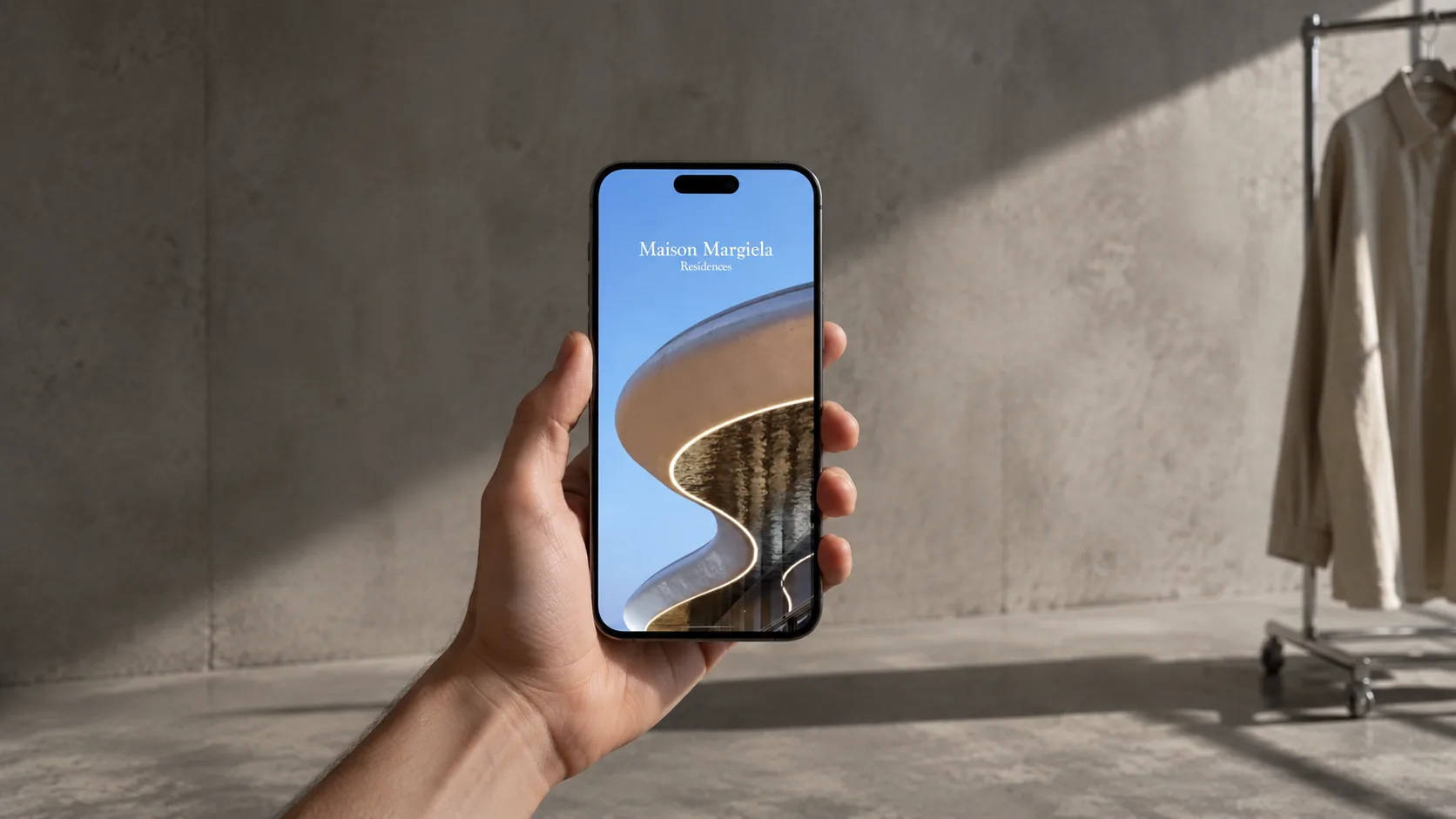 A branded generative-video launch film on a phone, held against a concrete studio background
