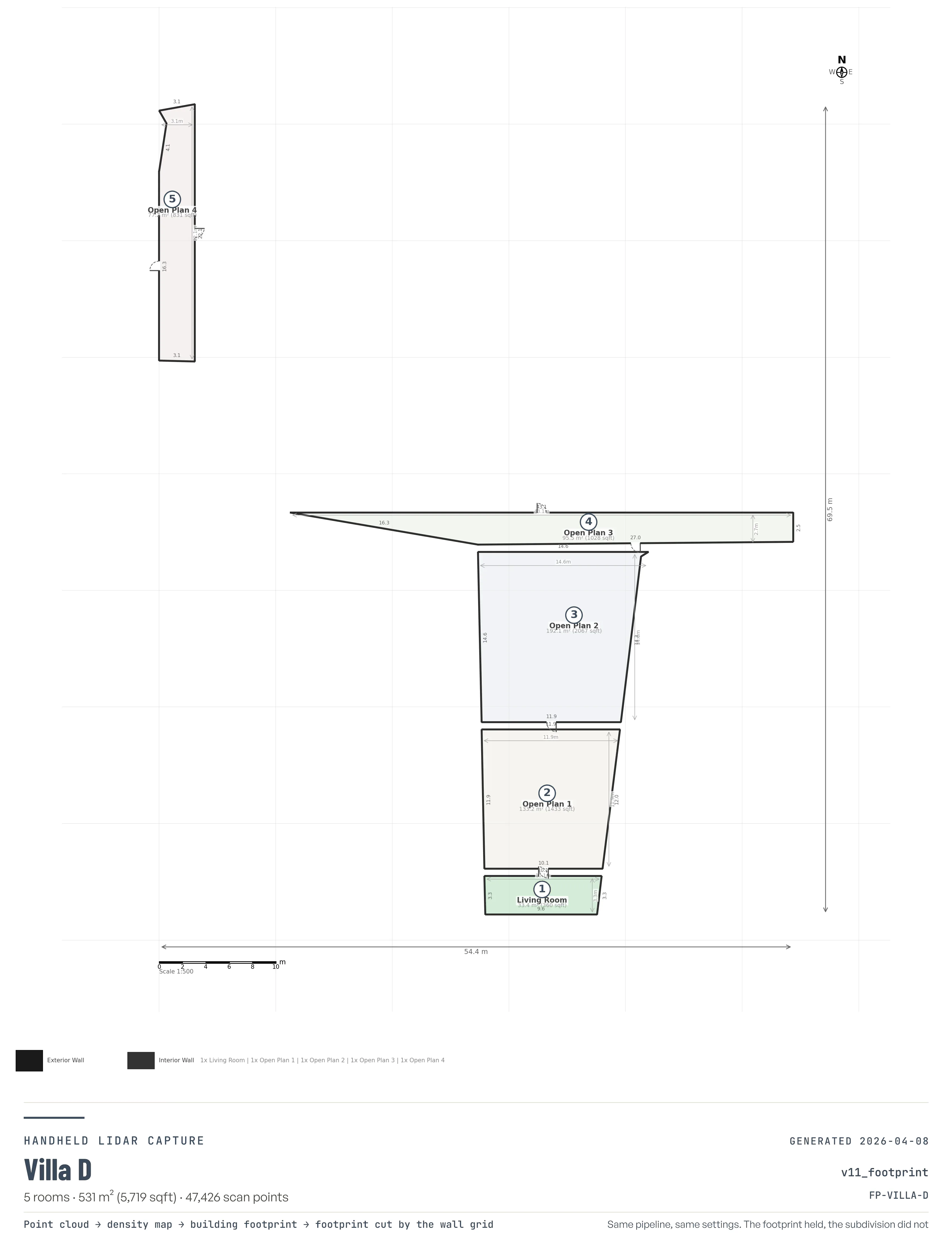 A vector floor plan of a villa produced by the same scan-to-floor-plan pipeline, drawn to scale with per-room areas, wall thicknesses and door swings.