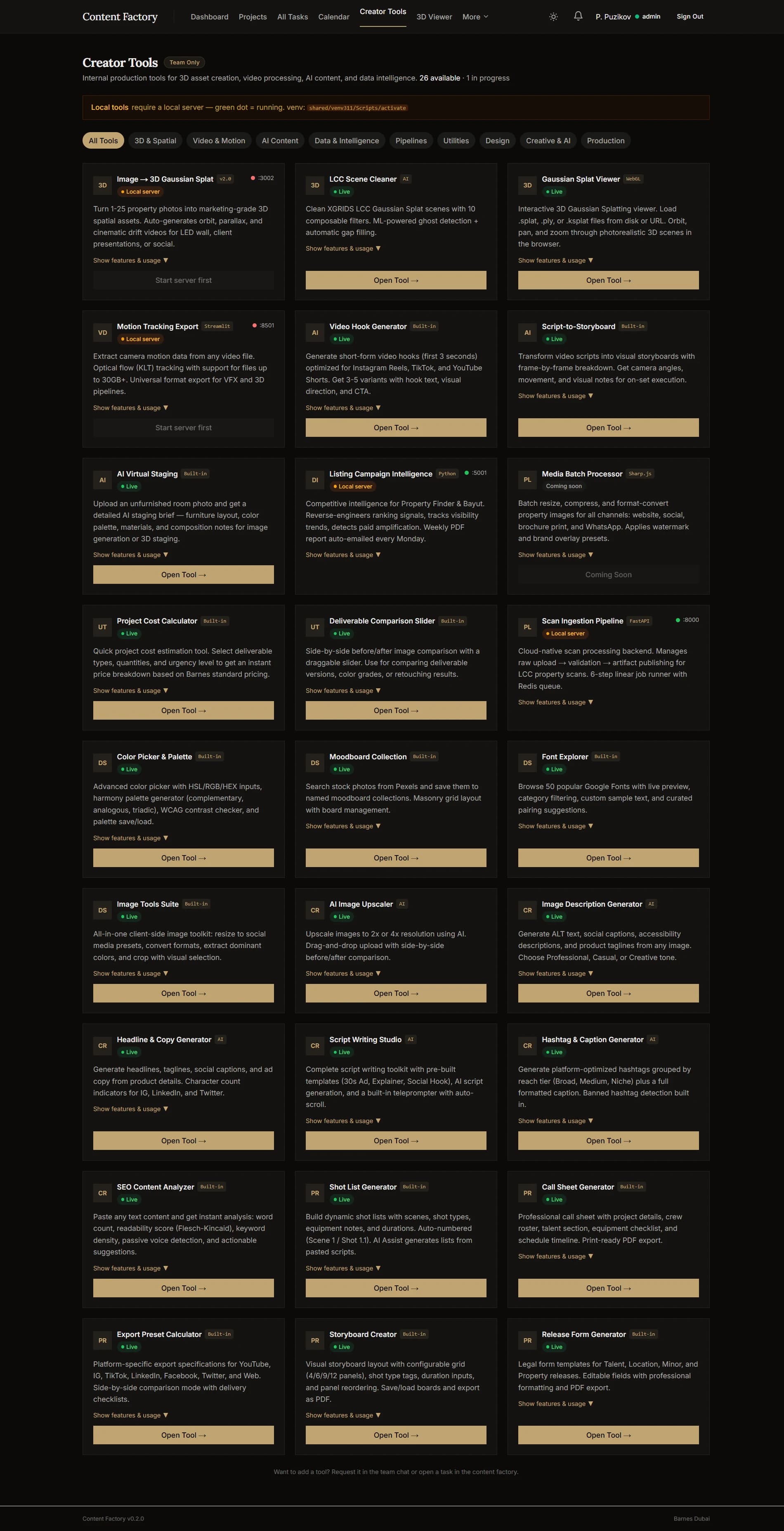 The Creator Tools catalog, grouped into 3D & Spatial, Video & Motion, AI Content, Data & Intelligence and Production, one card per tool with a short description and an Open Tool button.