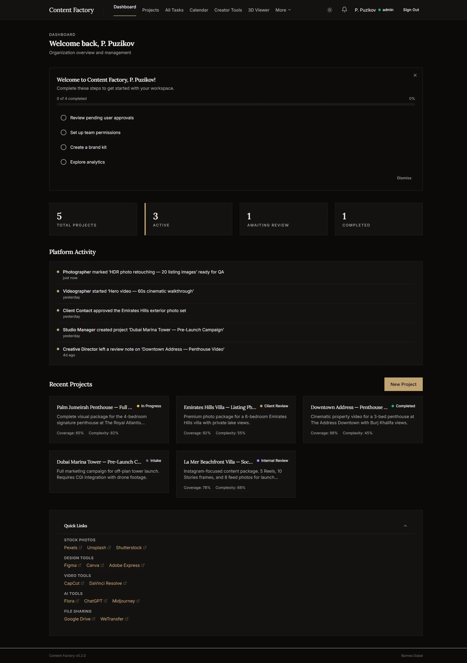 The Content Factory dashboard: an onboarding checklist, four stat tiles reading 5 total projects, 3 active, 1 awaiting review and 1 completed, a Platform Activity feed with role-labeled entries like Photographer and Client Contact, and a Recent Projects grid.