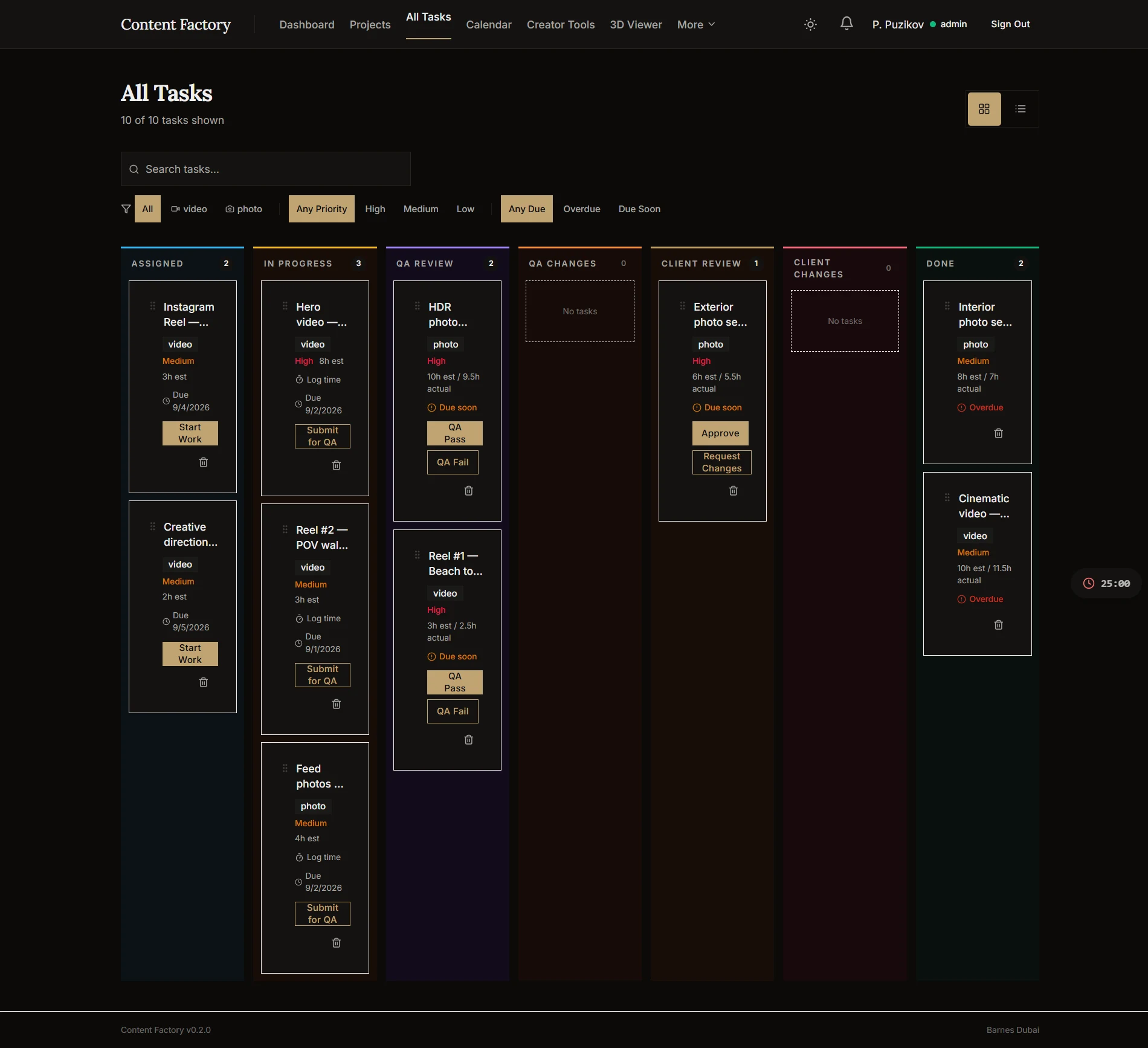 The All Tasks kanban board across the task state machine: Assigned, In Progress, QA Review, QA Changes, Client Review, Client Changes and Done columns, with priority, time estimates and a Pomodoro timer in the corner.