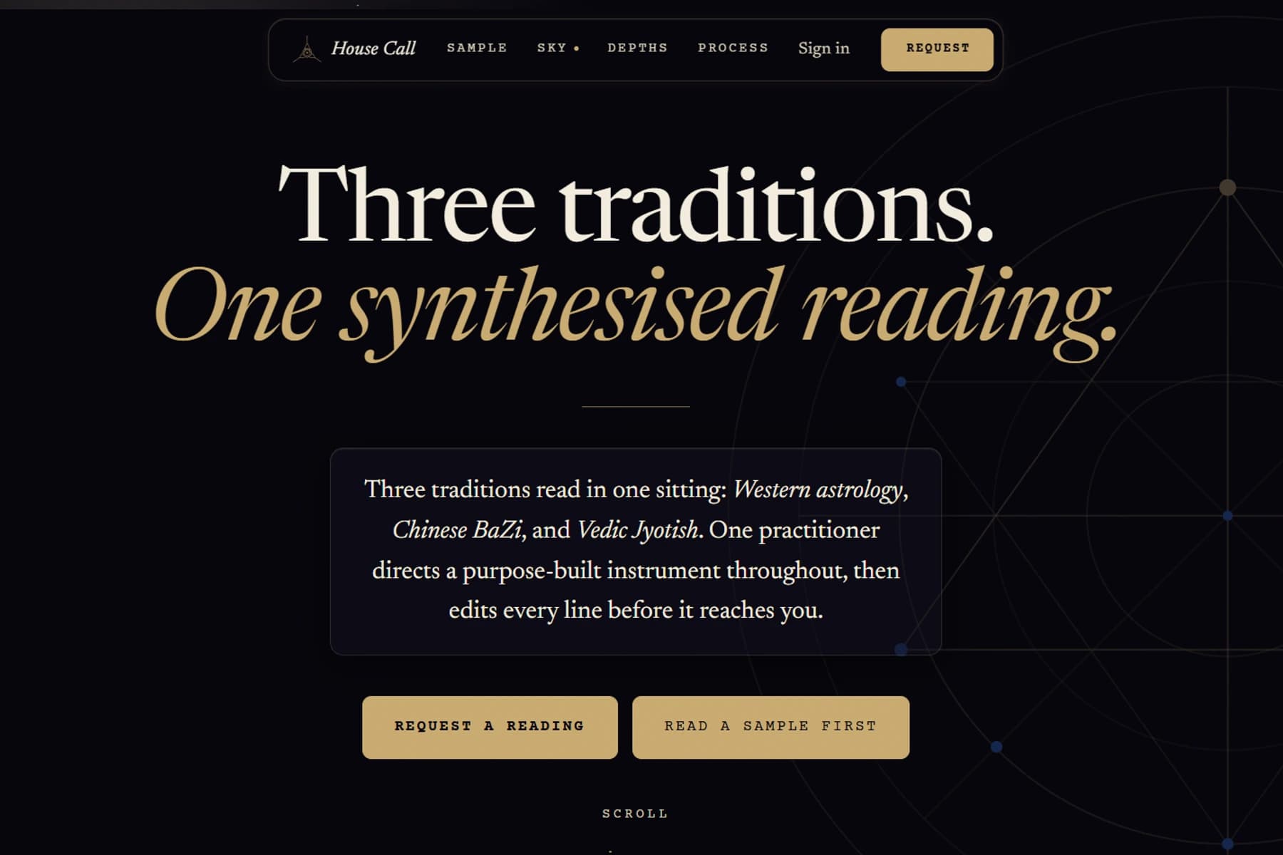 House Call's real landing page hero: the headline Three traditions. One synthesised reading. in serif and gold italic over a deep navy ground with celestial chart line-work, the site nav above it, and gold Request a Reading / Read a Sample First buttons below.