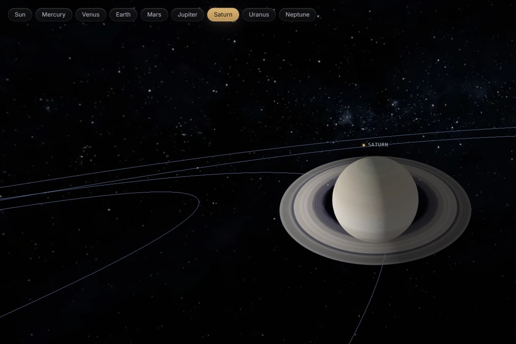 Saturn's real 3D Gaussian splat in splatlas.space, rings and all, against a starfield with Neptune's orbit curving through the frame, the full planet-select nav row (Sun through Neptune) visible along the top.