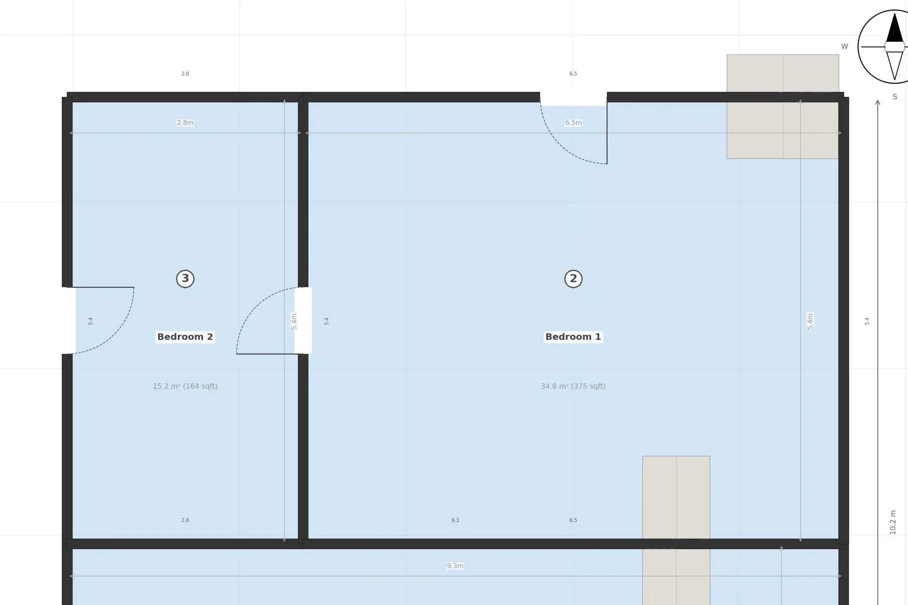 A detail of a vector floor plan produced by the scan-to-floor-plan pipeline: two bedrooms side by side with their areas in square metres and square feet, wall thicknesses, door swings, a dimension chain along the top, a north arrow, and the upper edge of the master bedroom below.