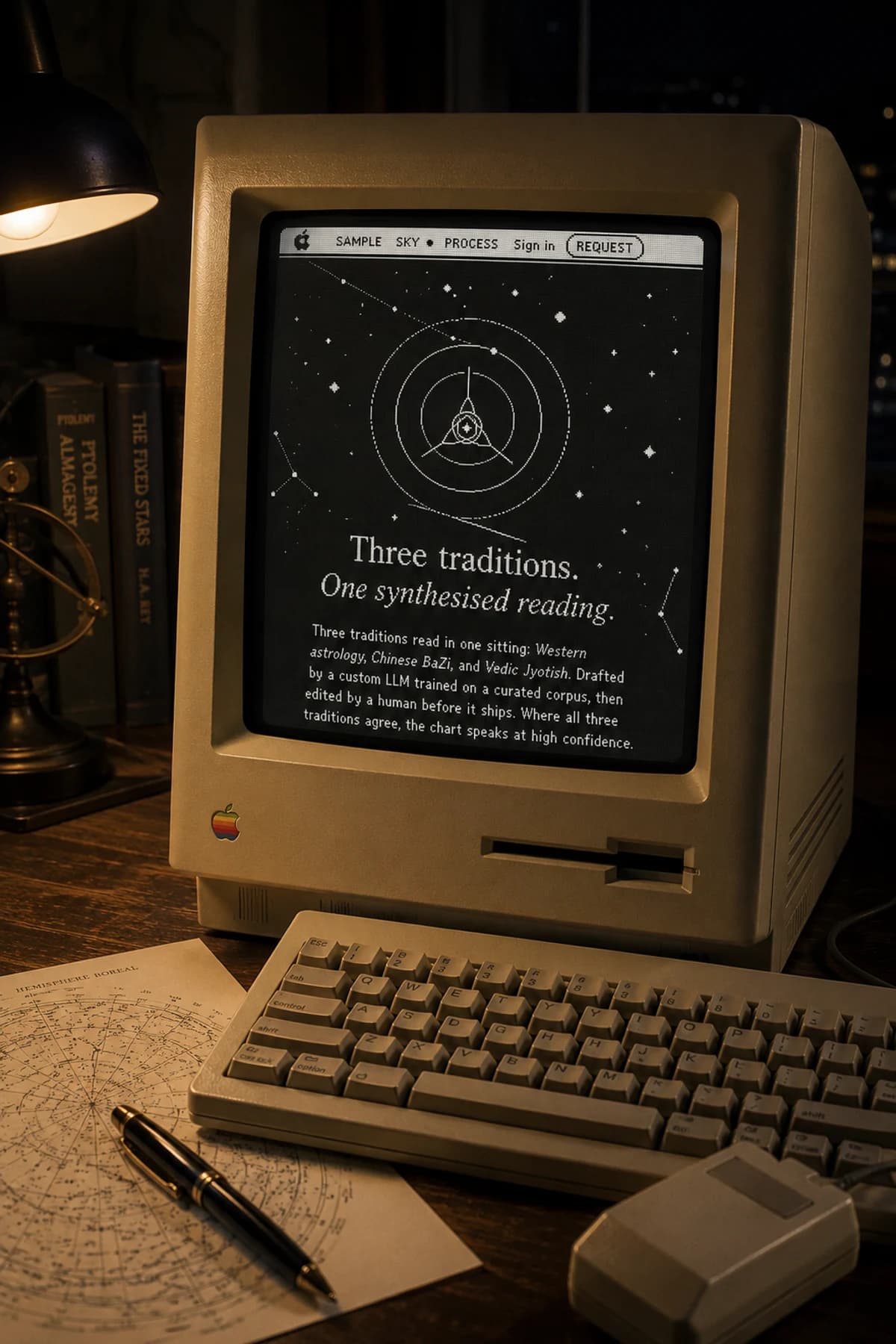 The House Call landing page redrawn for a 1-bit screen and photographed on a compact 1980s Macintosh: the orbital glyph and its rings as single-pixel line work, a scattered white star field, and the headline Three traditions. One synthesised reading. in a bitmap serif, all in pure black and white. On the desk beside it, a printed hemisphere star chart, a fountain pen, an armillary sphere and copies of Ptolemy's Almagest and The Fixed Stars.