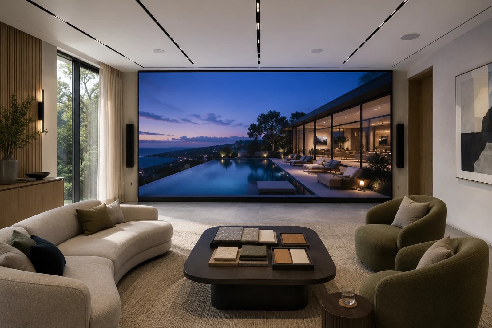 A visualisation of the recommended room: a lit lounge with a wall-width LED screen showing a dusk exterior, an infinity pool and terrace under a deep blue sky, while the room itself stays bright with daylight at the window, a curved sofa, two olive armchairs and a tray of stone, timber and textile samples on the low table.