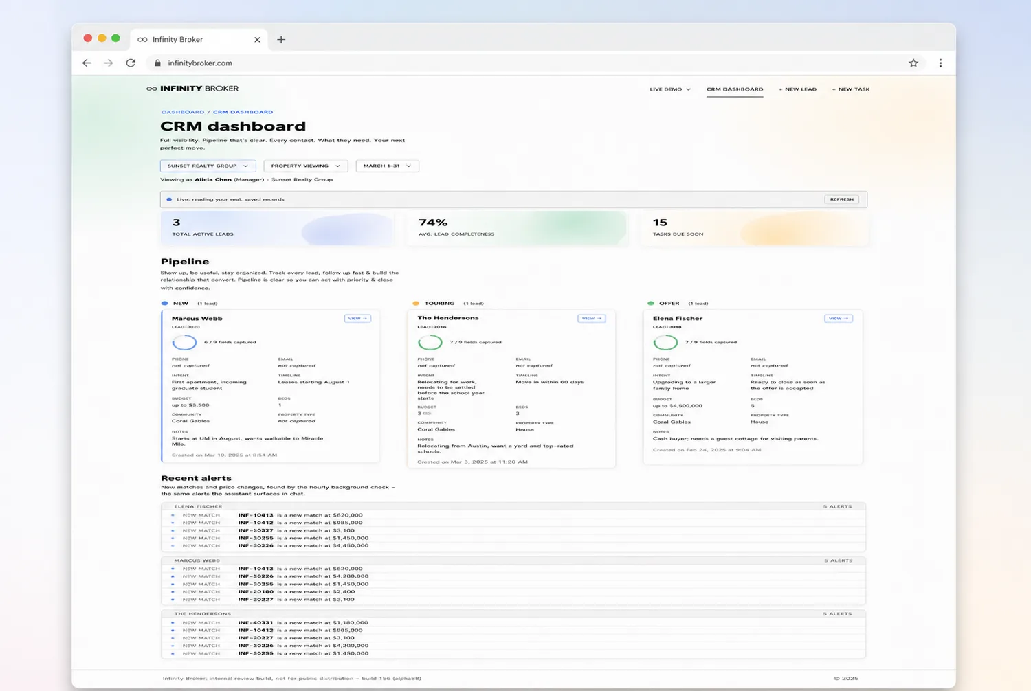 The Infinity Broker CRM dashboard: active-lead stats, a New / Touring / Offer pipeline of lead cards, and a recent-alerts feed of new matches and price changes.