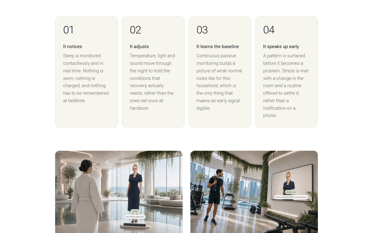 Four numbered cards reading 01 It notices, 02 It adjusts, 03 It learns the baseline and 04 It speaks up early, above two concept renders: a woman in a robe at an indoor pool facing a free-standing glass panel, and a man walking through a planted gym past a wall screen.
