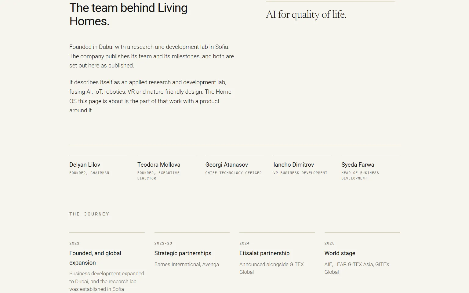 The headline 'The team behind Living Homes.' with two paragraphs and the serif pull quote 'AI for quality of life.', five founder names in a row with their titles, and a four-step timeline headed THE JOURNEY.