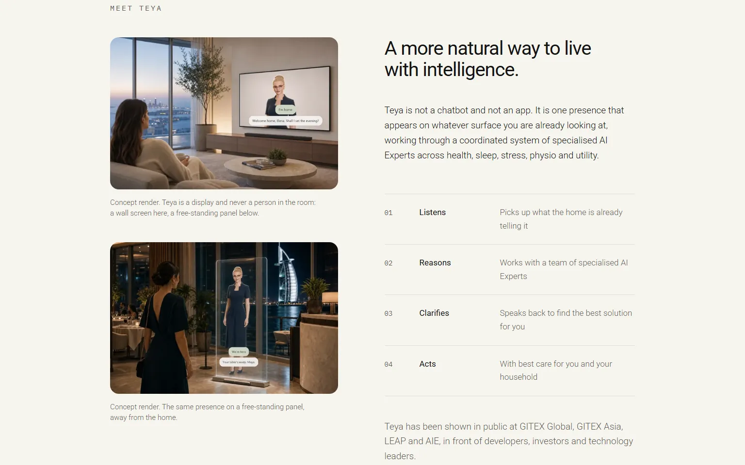 Two stacked concept renders on the left showing the assistant as a wall screen and then as a free-standing glass panel, and on the right the headline 'A more natural way to live with intelligence.' over a numbered list reading Listens, Reasons, Clarifies and Acts.