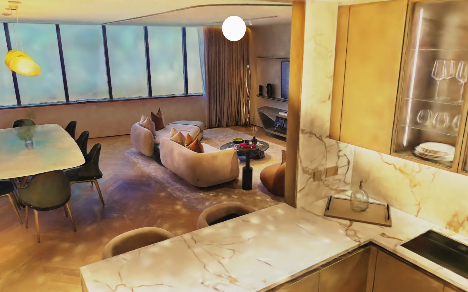 A 3D Gaussian-splat capture of an apartment interior, relit warm: a dining table, a sofa, and a marble kitchen counter in the foreground.