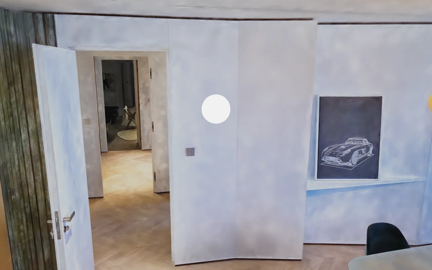 The scanned interior relit cool and overcast, walls reading blue-grey and the floor desaturated.