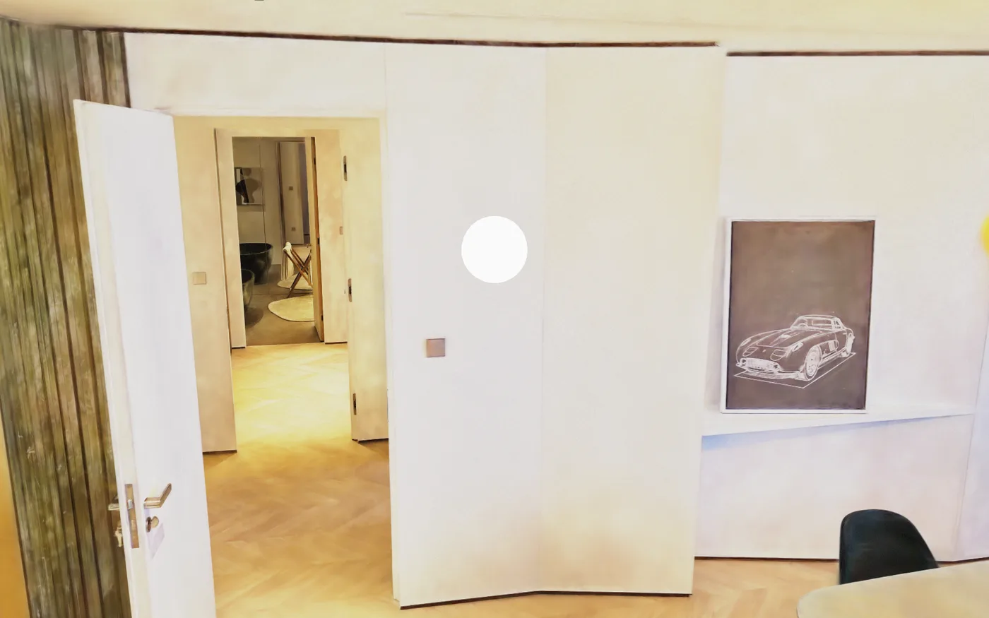 The same interior relit as flat daylight, walls near white with warm bounce on the floor.
