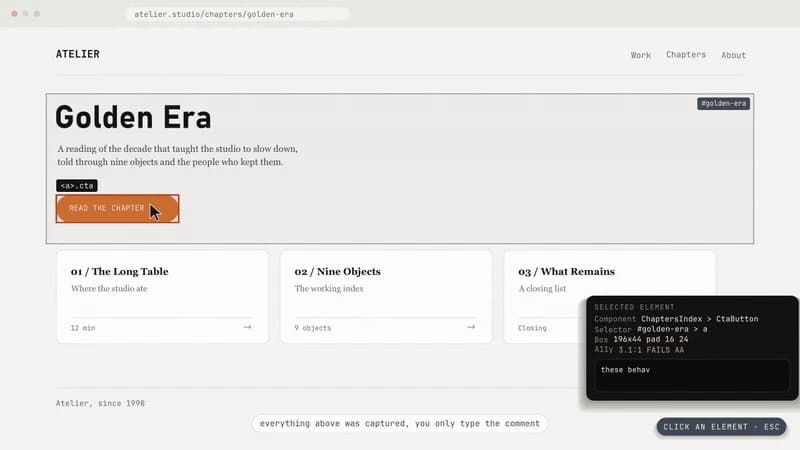 A sample editorial page titled Golden Era with the inspector open: a dark panel listing the element's component path, its selector, box and typography metrics, and an accessibility line reporting a contrast ratio that fails AA.