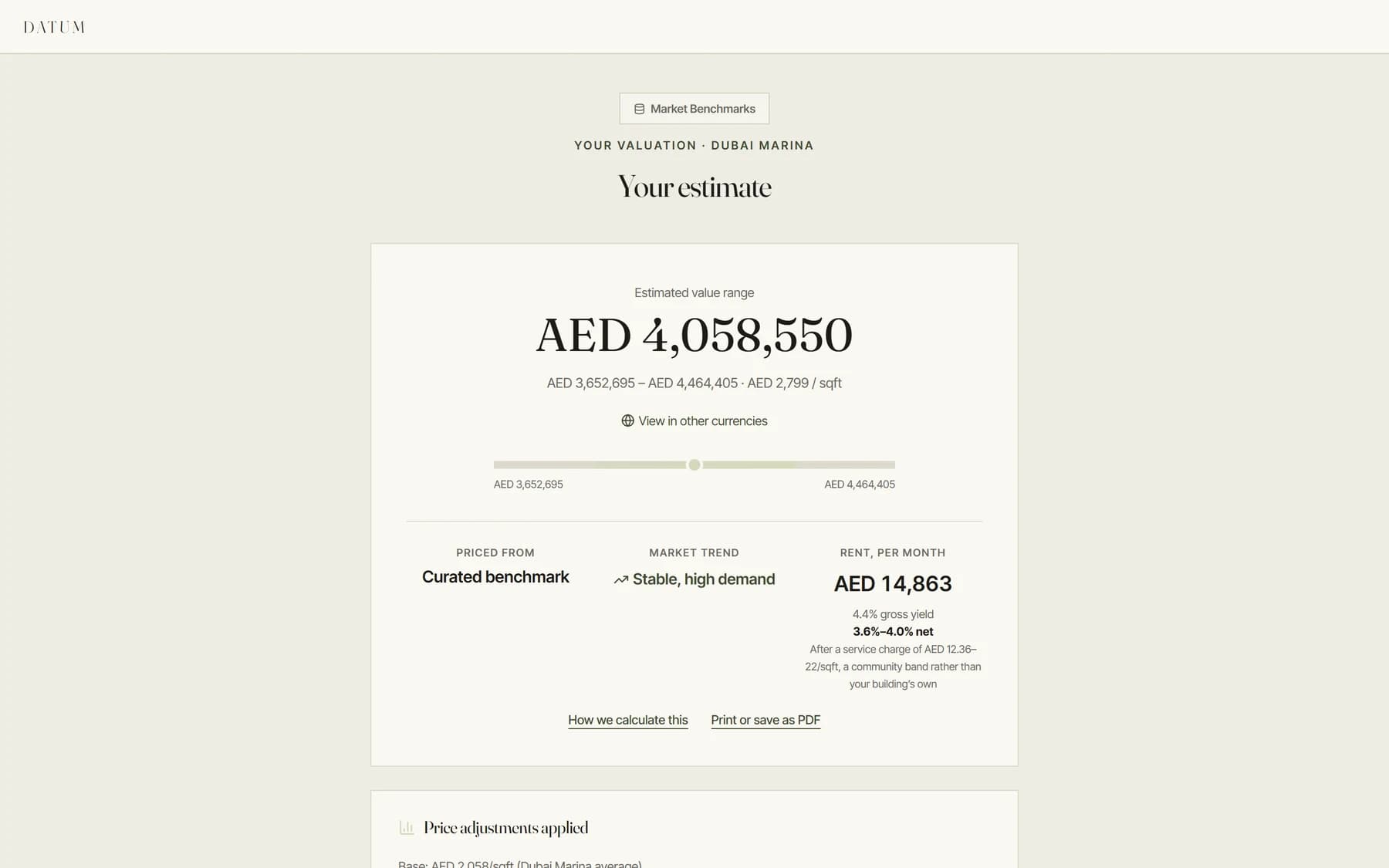The estimate screen in full: a market-benchmarks badge, the headline AED 4,058,550 for Dubai Marina, a range bar with its dirham endpoints labelled, and the priced-from, market-trend and rent-per-month tiles, the last carrying both a gross and a net yield.