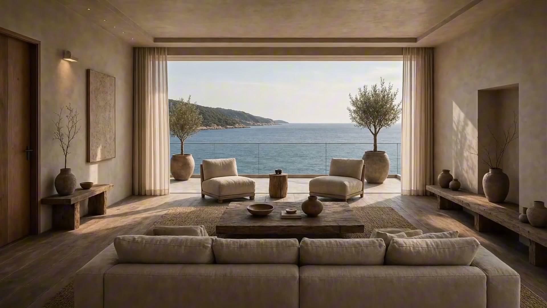 A living room in limestone and linen, the full-height window open to a terrace with olive trees and the sea.